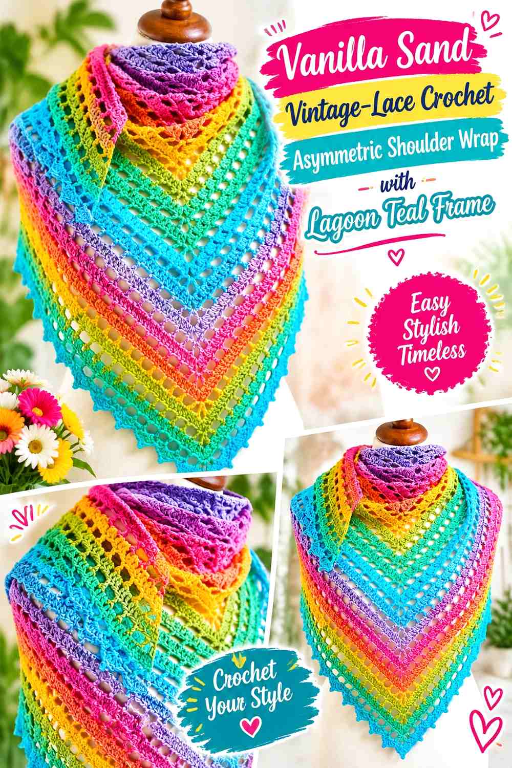 Vanilla Sand Vintage-Lace Crochet Asymmetric Shoulder Wrap with Lagoon Teal Frame