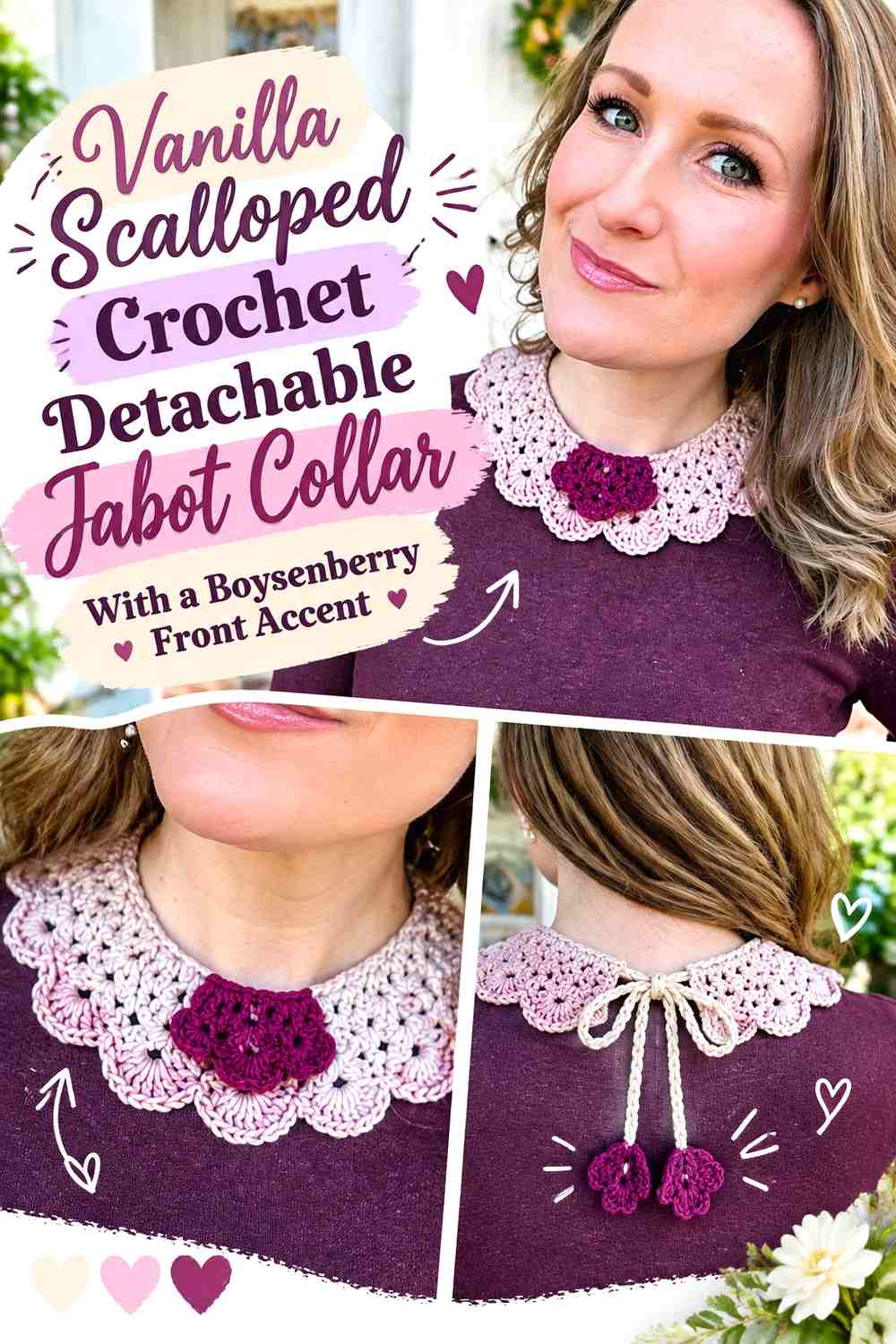 Vanilla Scalloped Crochet Detachable Jabot Collar With a Boysenberry Front Accent