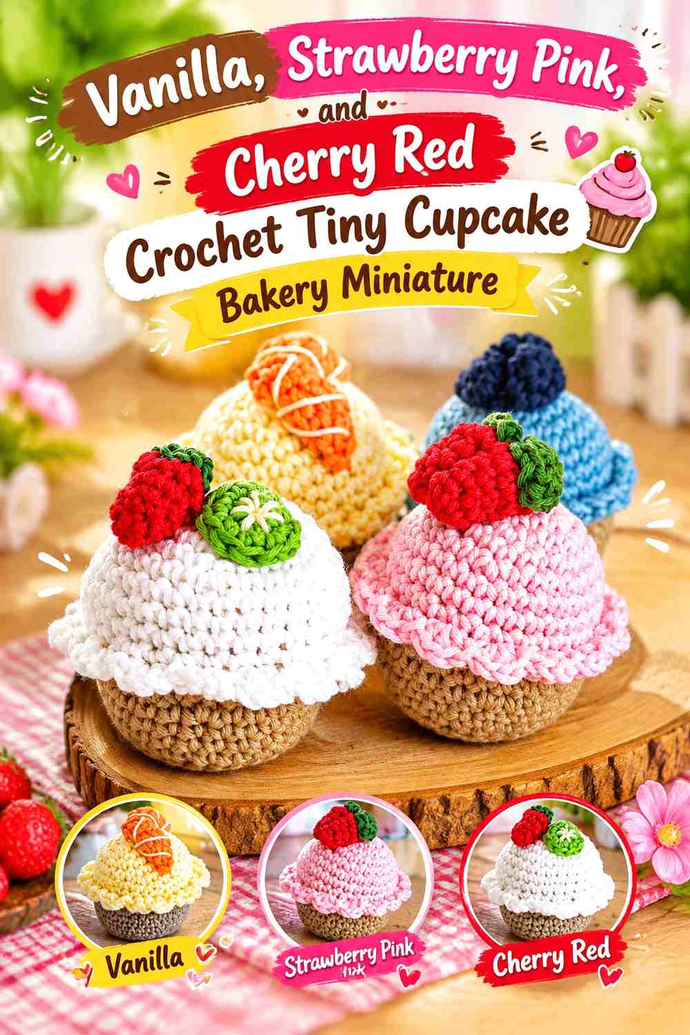 Vanilla, Strawberry Pink, and Cherry Red Crochet Tiny Cupcake Bakery Miniature