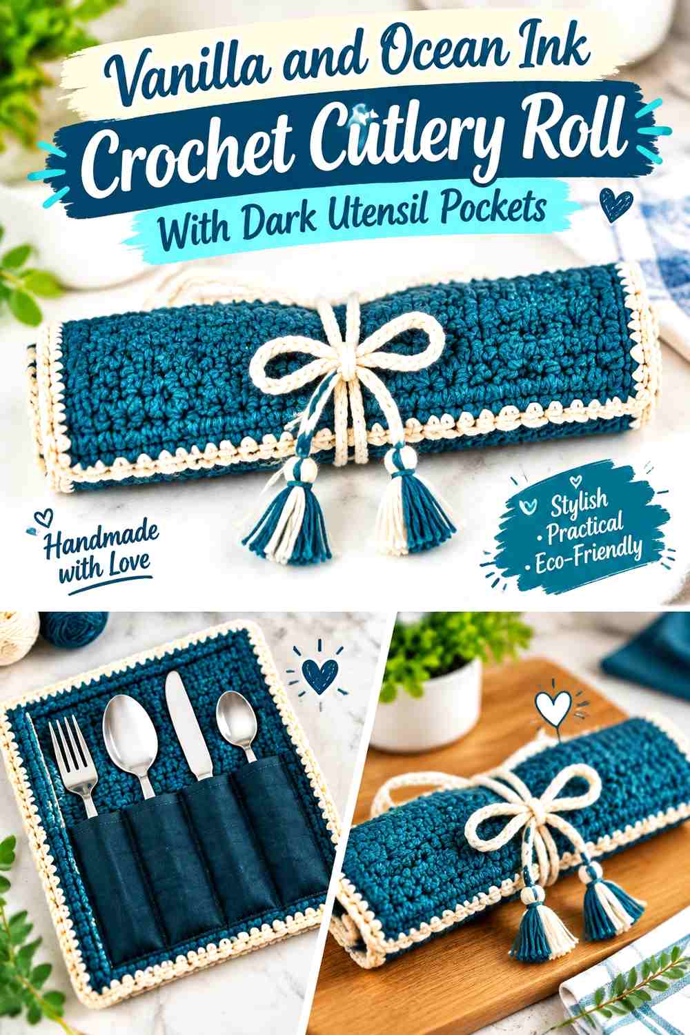 Vanilla and Ocean Ink Crochet Cutlery Roll With Dark Utensil Pockets
