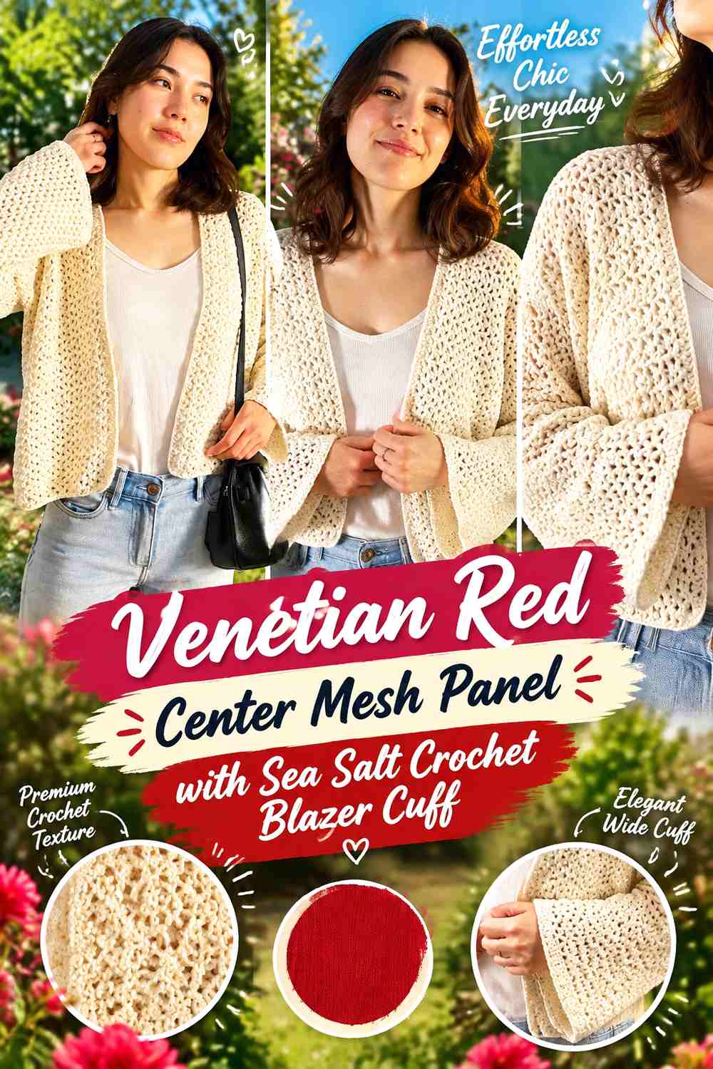 Venetian Red Center Mesh Panel with Sea Salt Crochet Blazer Cuff