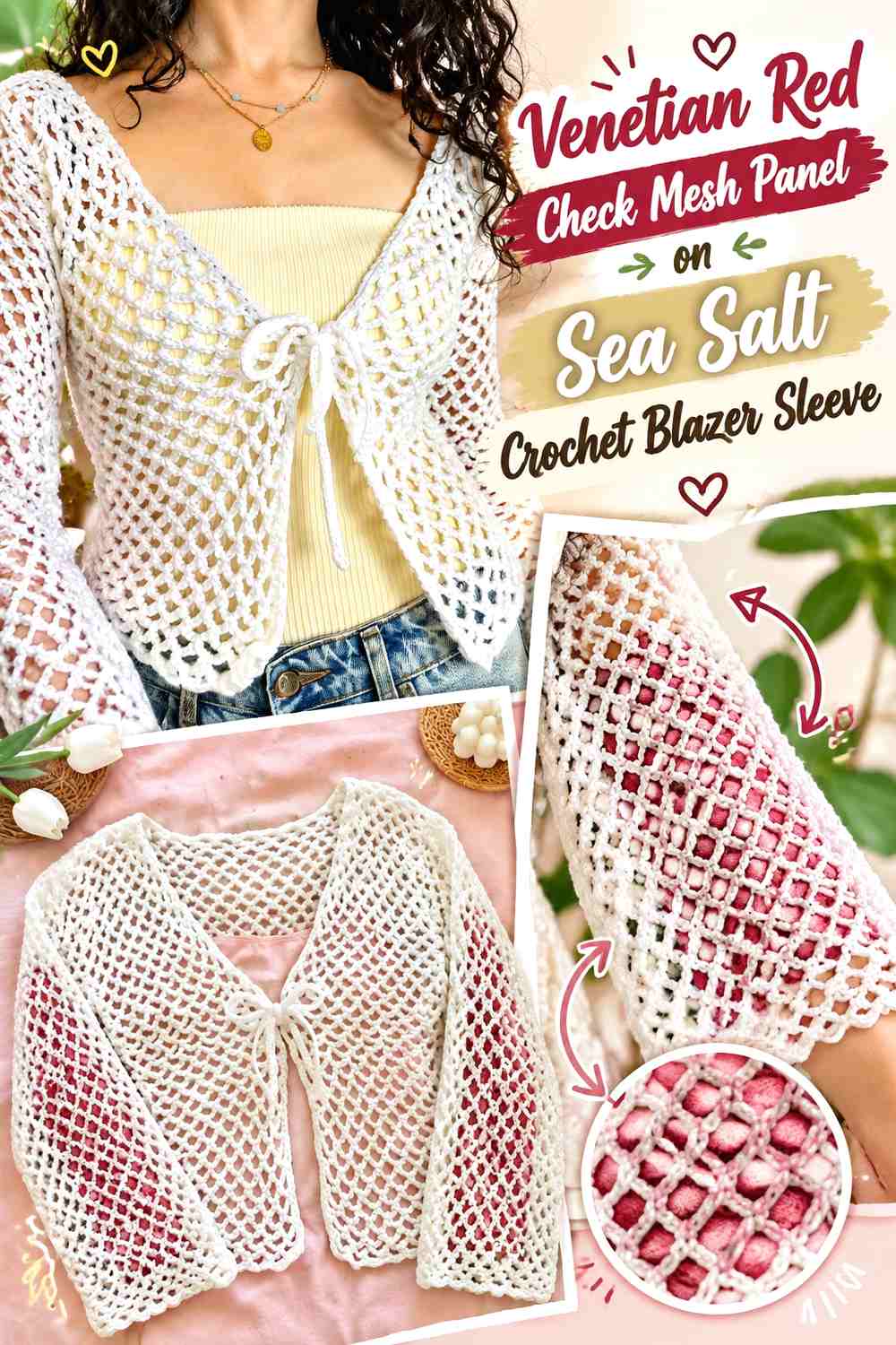 Venetian Red Check Mesh Panel on Sea Salt Crochet Blazer Sleeve