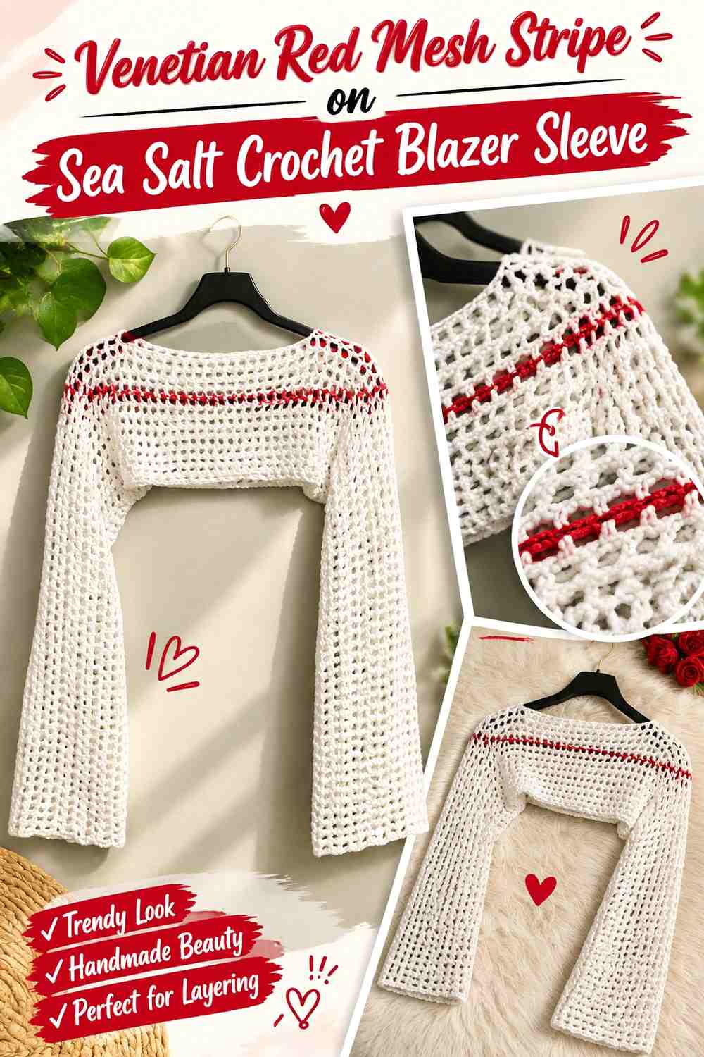 Venetian Red Mesh Stripe on Sea Salt Crochet Blazer Sleeve