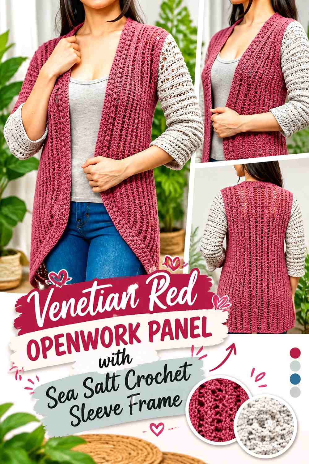 Venetian Red Openwork Panel with Sea Salt Crochet Sleeve Frame
