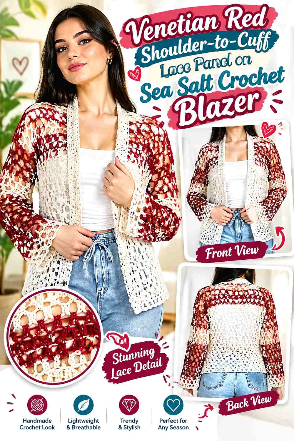 Venetian Red Shoulder-to-Cuff Lace Panel on Sea Salt Crochet Blazer