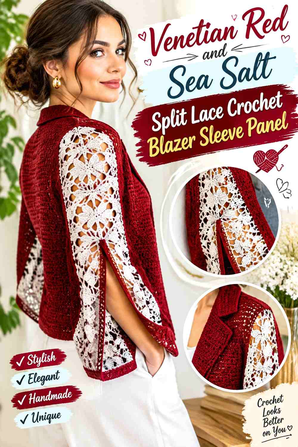 Venetian Red and Sea Salt Split Lace Crochet Blazer Sleeve Panel