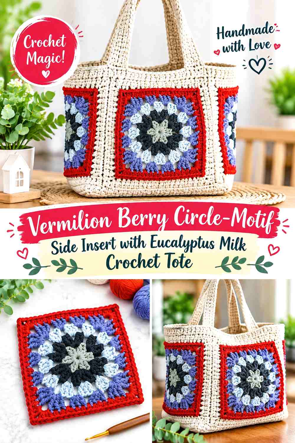 Vermilion Berry Circle-Motif Side Insert with Eucalyptus Milk Crochet Tote