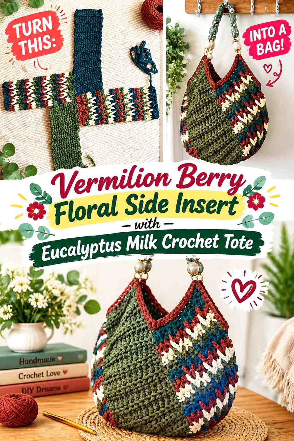 Vermilion Berry Floral Side Insert with Eucalyptus Milk Crochet Tote