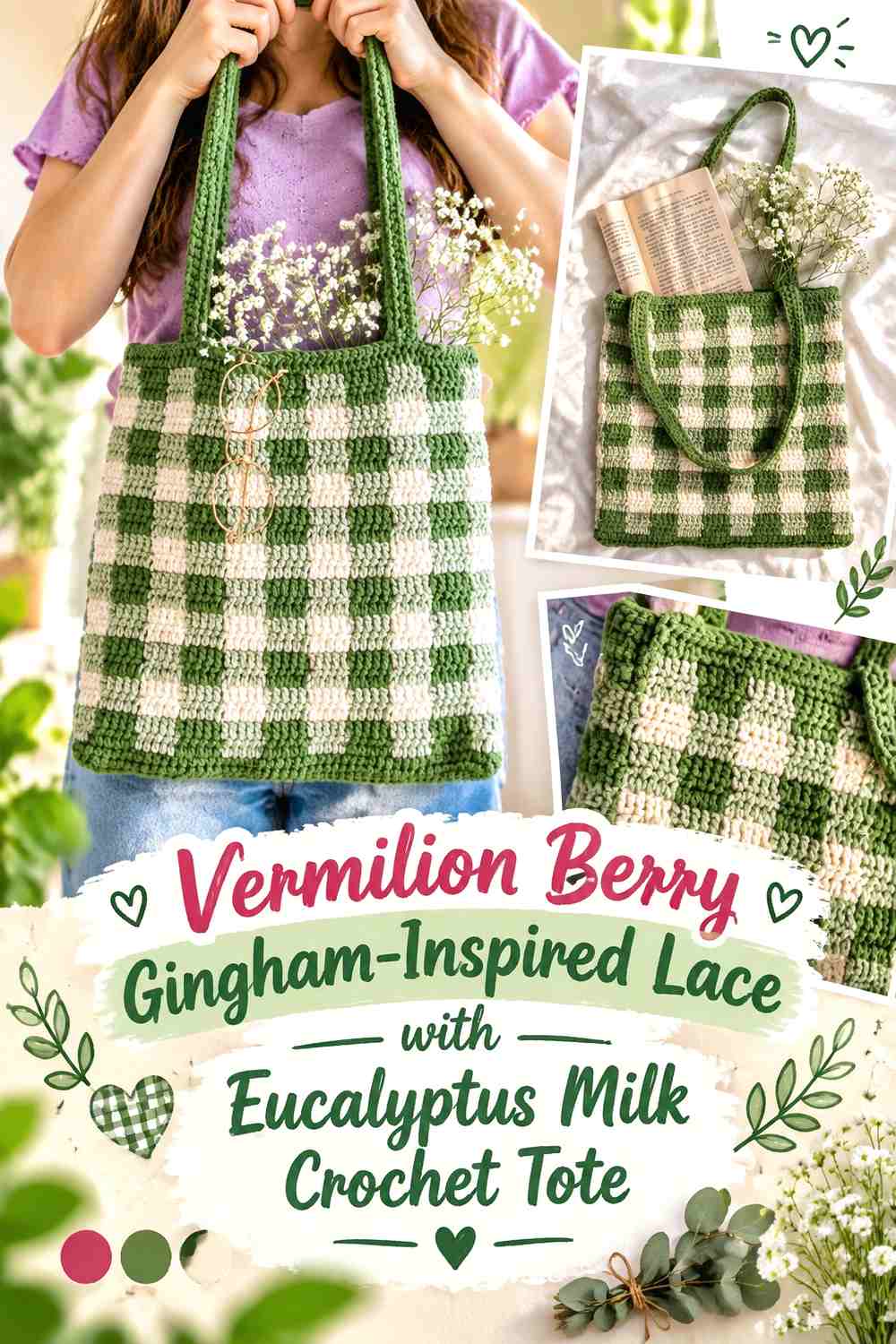 Vermilion Berry Gingham-Inspired Lace with Eucalyptus Milk Crochet Tote