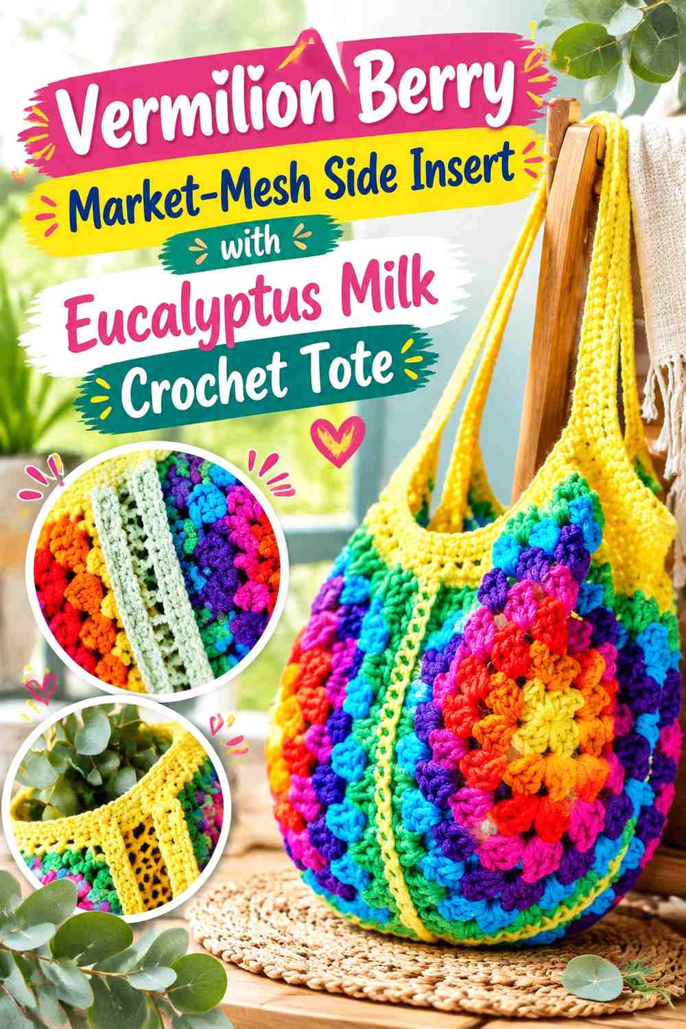 Vermilion Berry Market-Mesh Side Insert with Eucalyptus Milk Crochet Tote