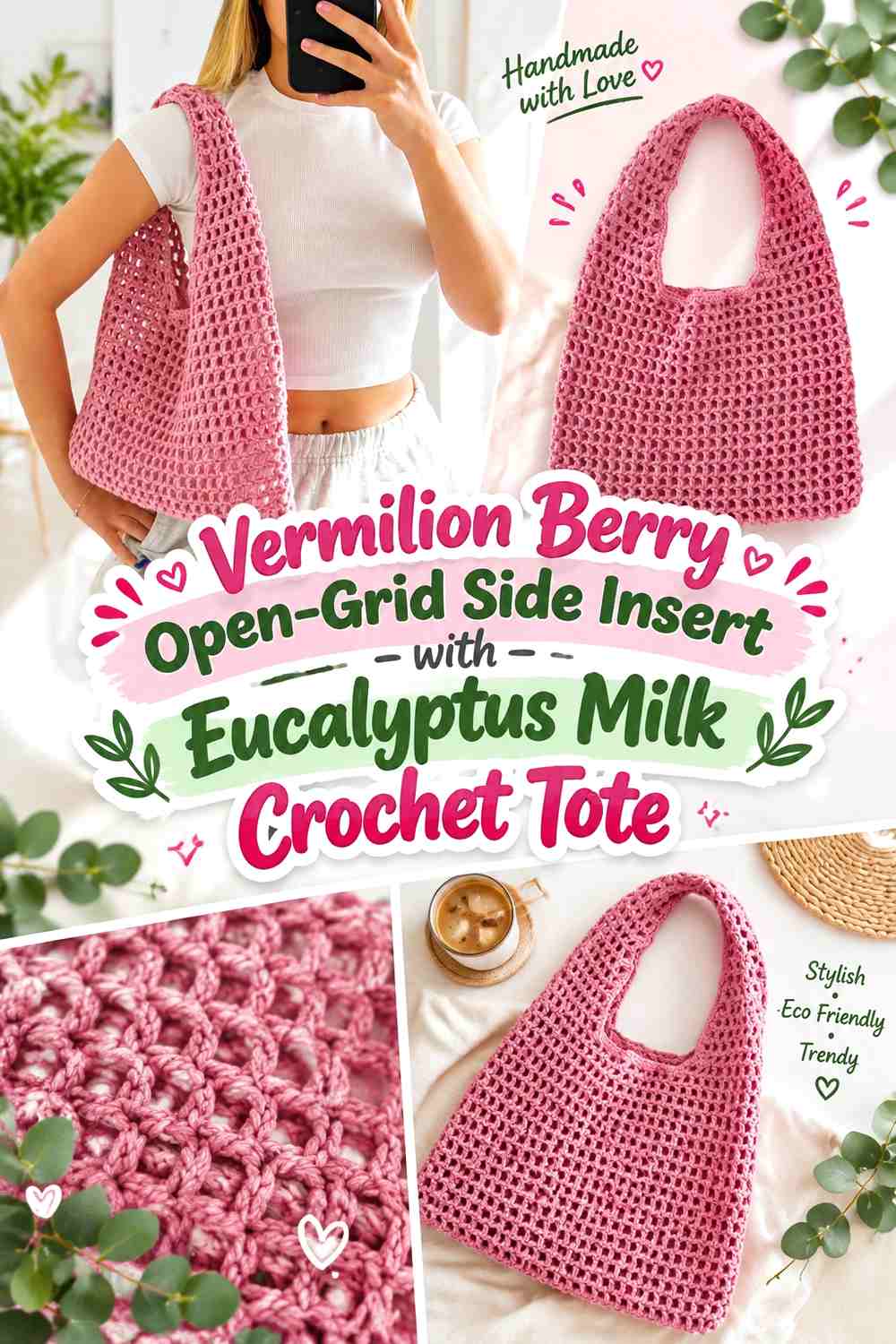 Vermilion Berry Open-Grid Side Insert with Eucalyptus Milk Crochet Tote