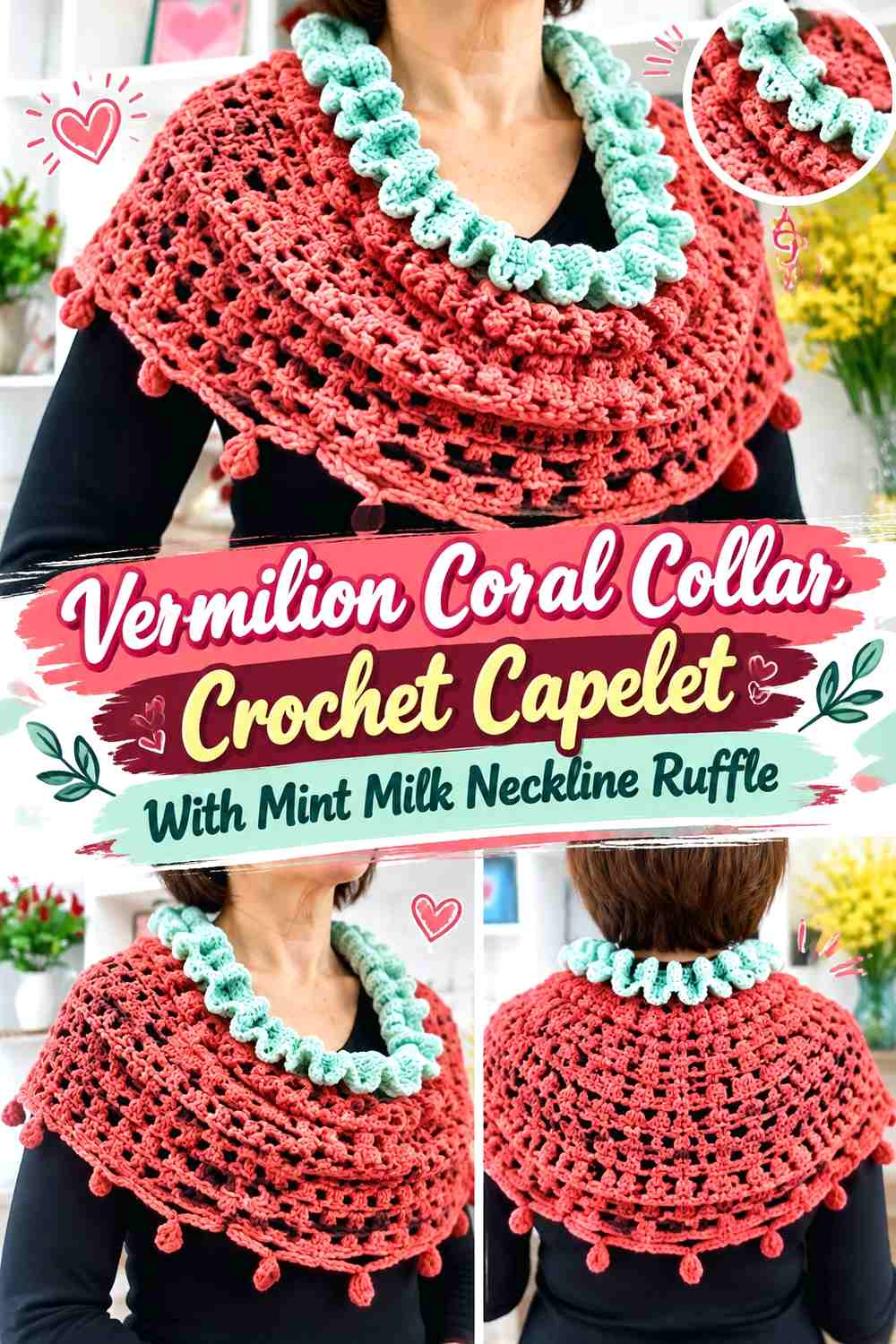 Vermilion Coral Collar Crochet Capelet With Mint Milk Neckline Ruffle