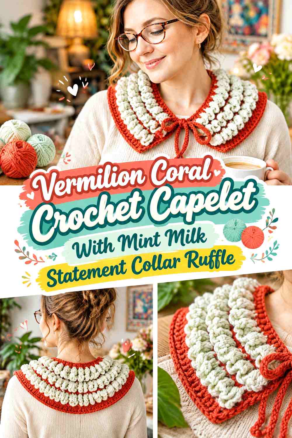 Vermilion Coral Crochet Capelet With Mint Milk Statement Collar Ruffle