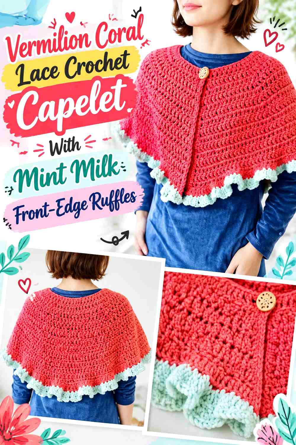 Vermilion Coral Lace Crochet Capelet With Mint Milk Front-Edge Ruffles