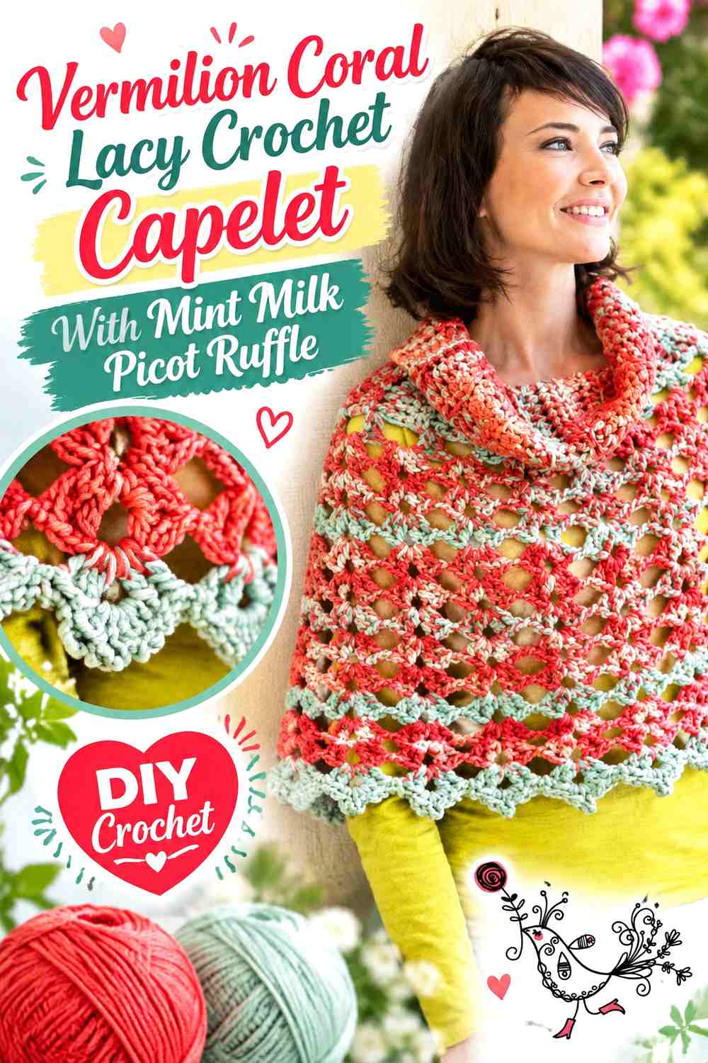 Vermilion Coral Lacy Crochet Capelet With Mint Milk Picot Ruffle