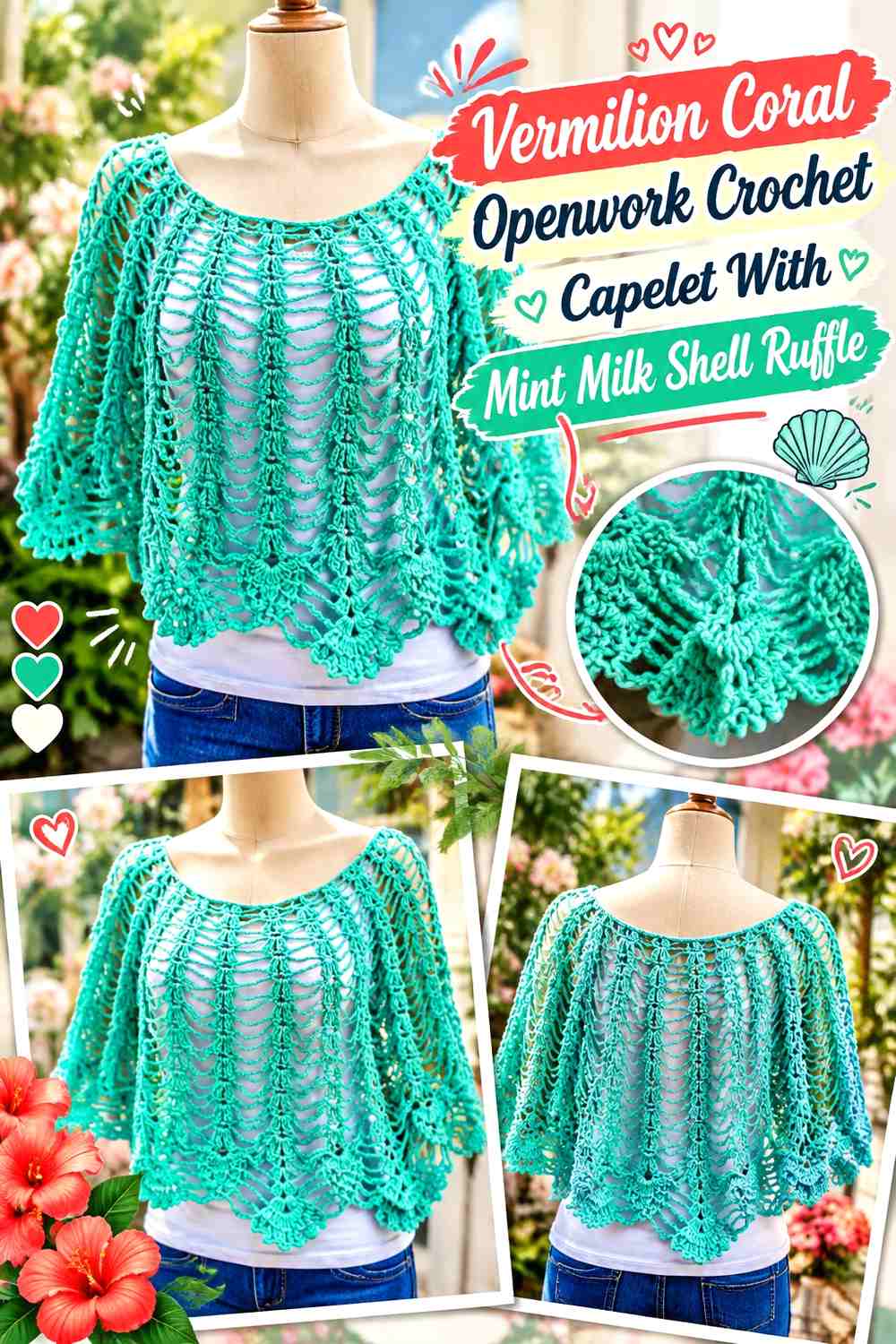 Vermilion Coral Openwork Crochet Capelet With Mint Milk Shell Ruffle