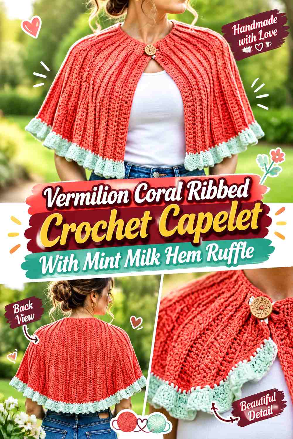 Vermilion Coral Ribbed Crochet Capelet With Mint Milk Hem Ruffle