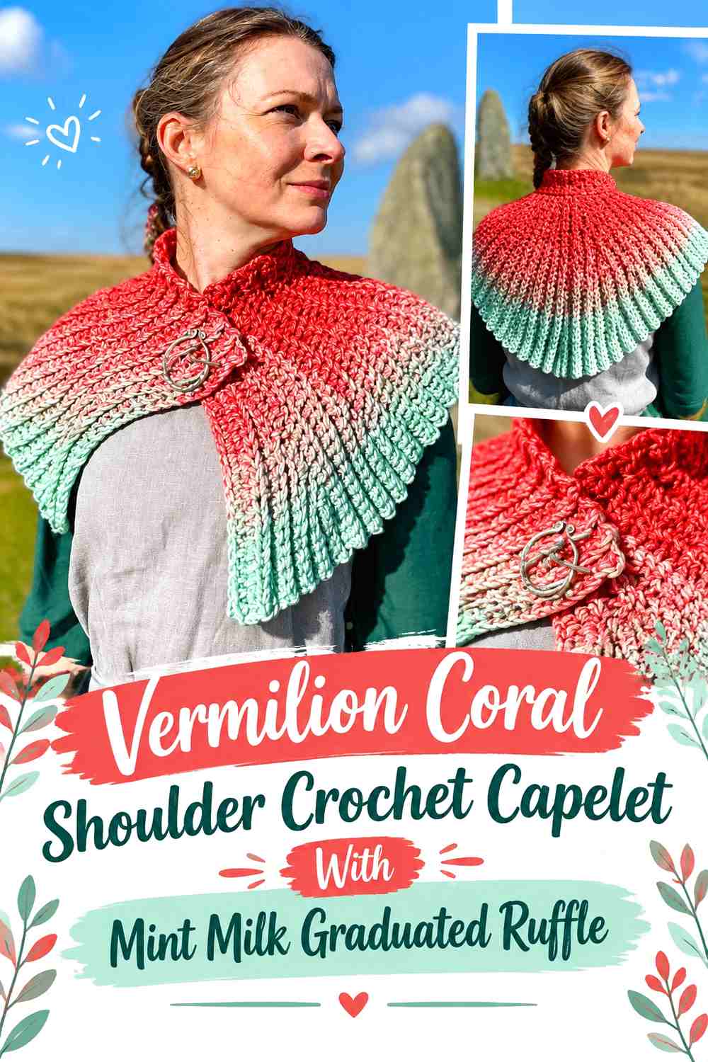 Vermilion Coral Shoulder Crochet Capelet With Mint Milk Graduated Ruffle