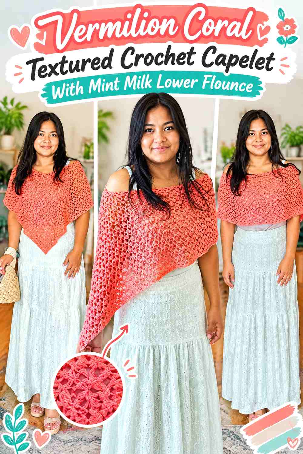 Vermilion Coral Textured Crochet Capelet With Mint Milk Lower Flounce