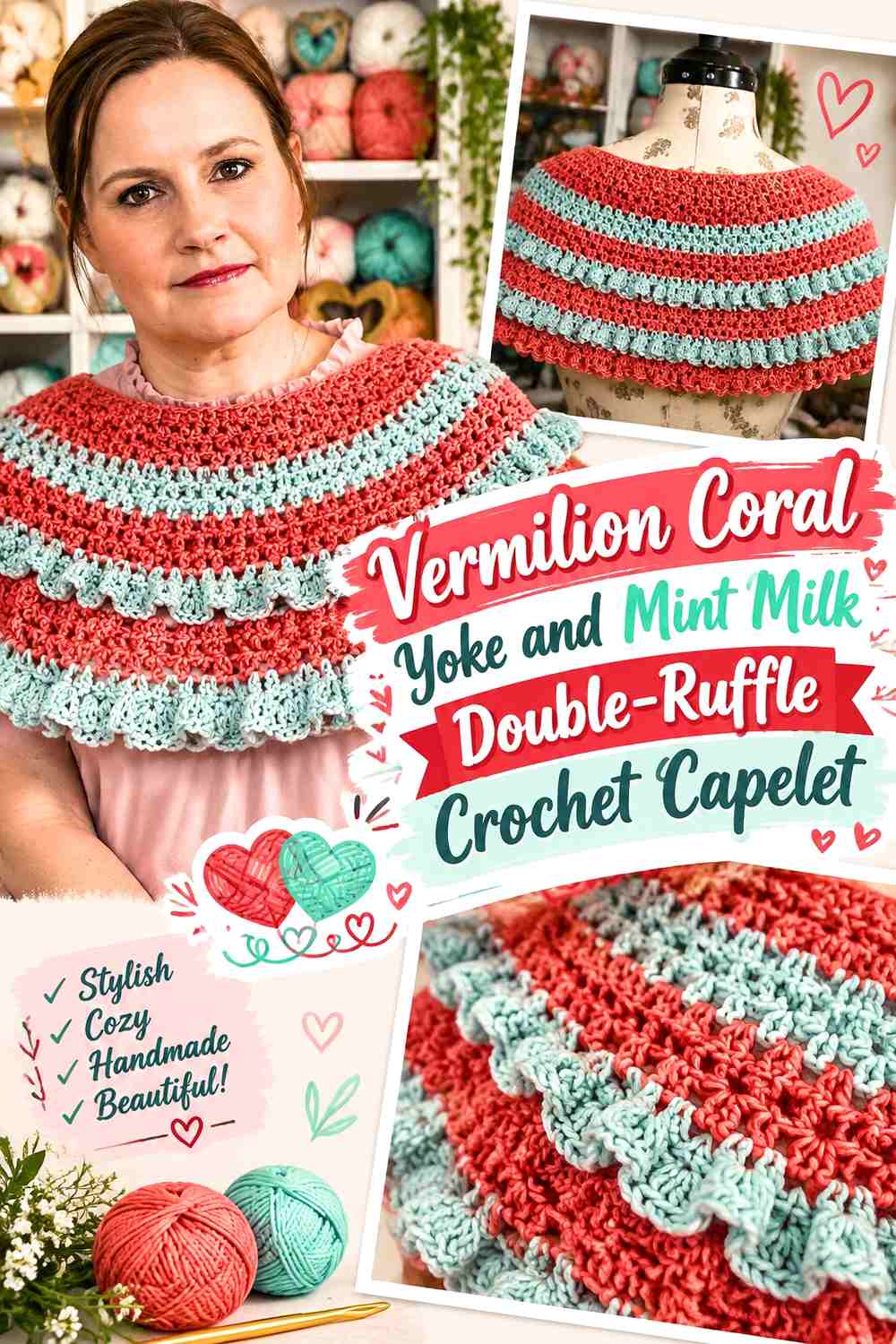 Vermilion Coral Yoke and Mint Milk Double-Ruffle Crochet Capelet
