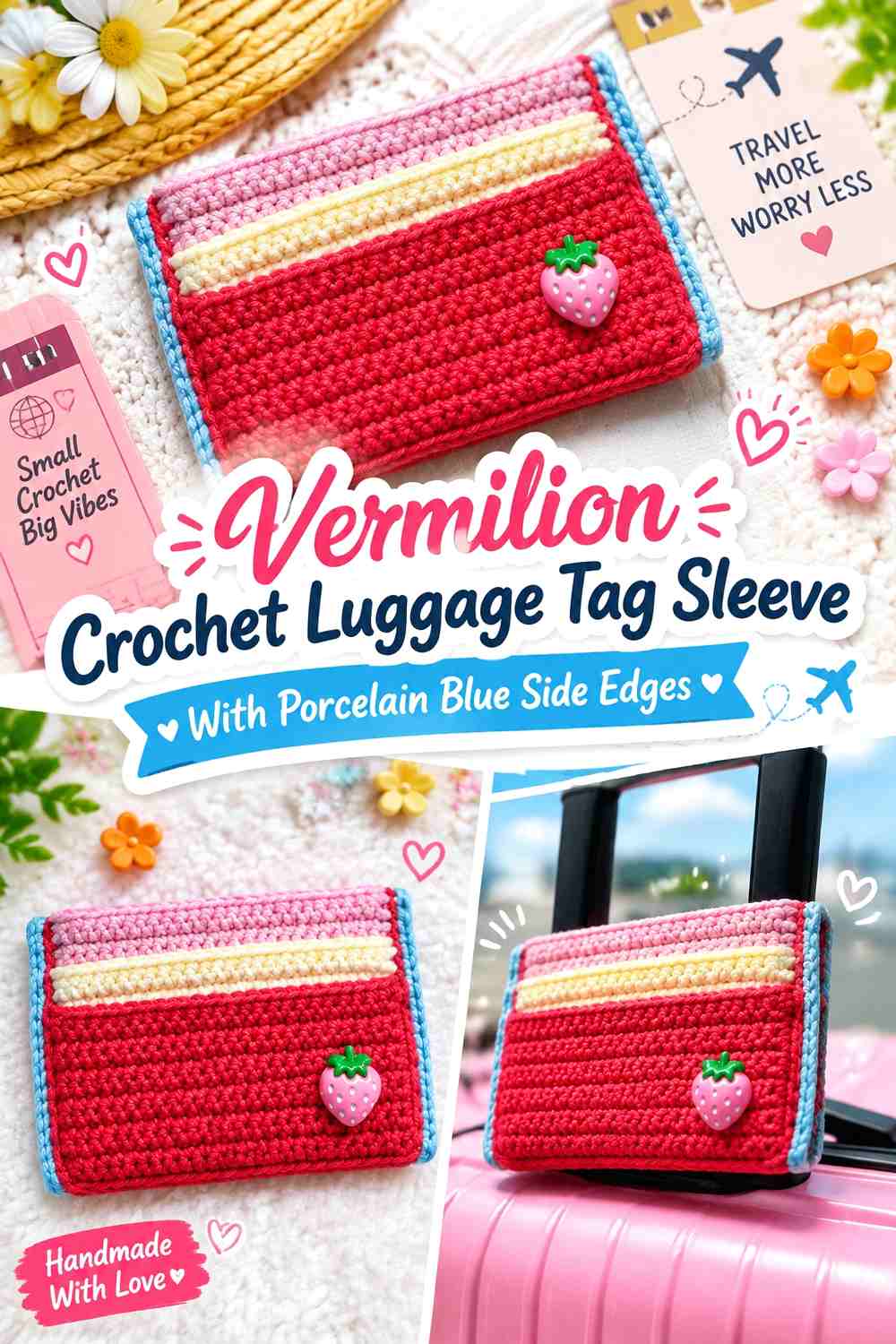 Vermilion Crochet Luggage Tag Sleeve With Porcelain Blue Side Edges