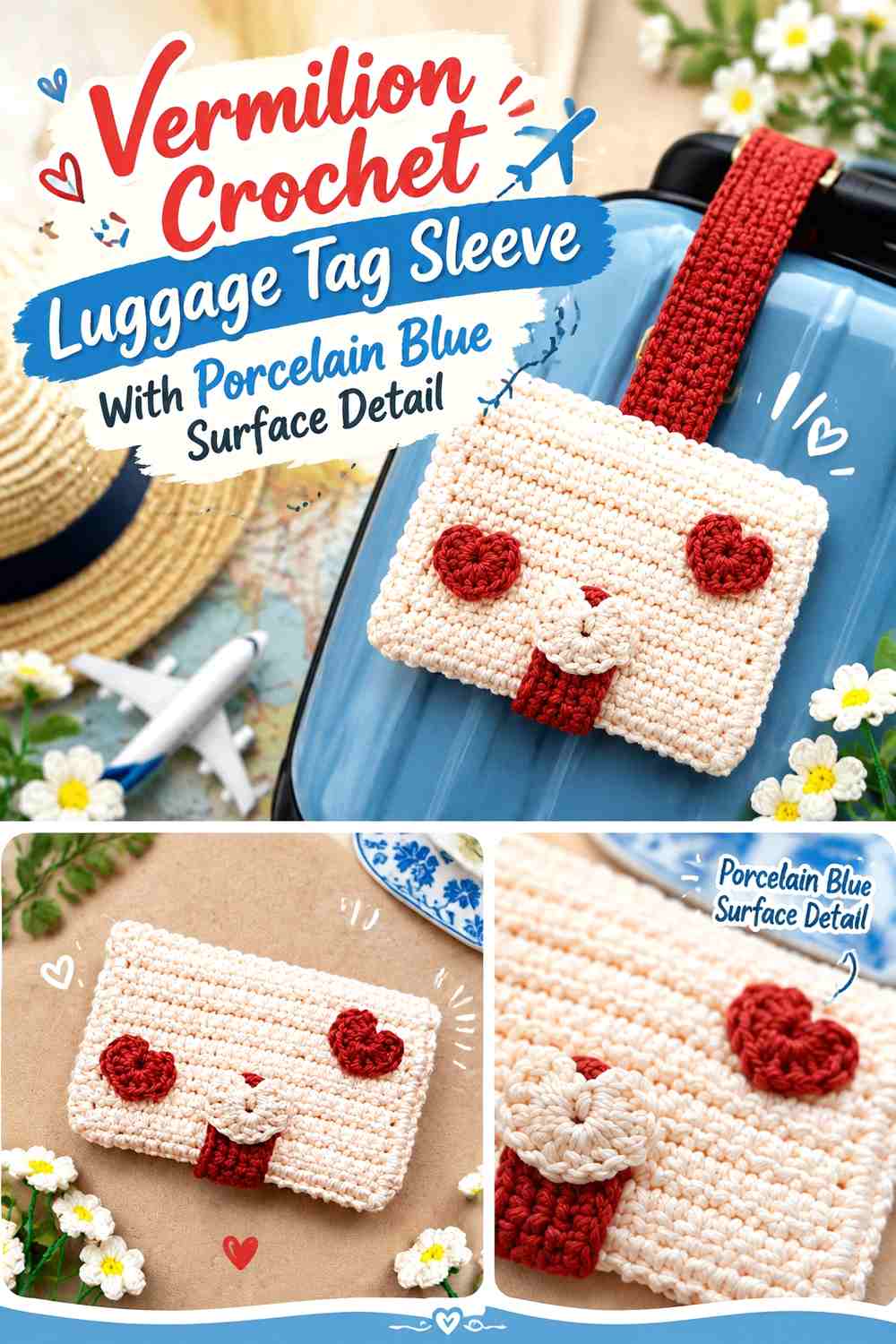 Vermilion Crochet Luggage Tag Sleeve With Porcelain Blue Surface Detail