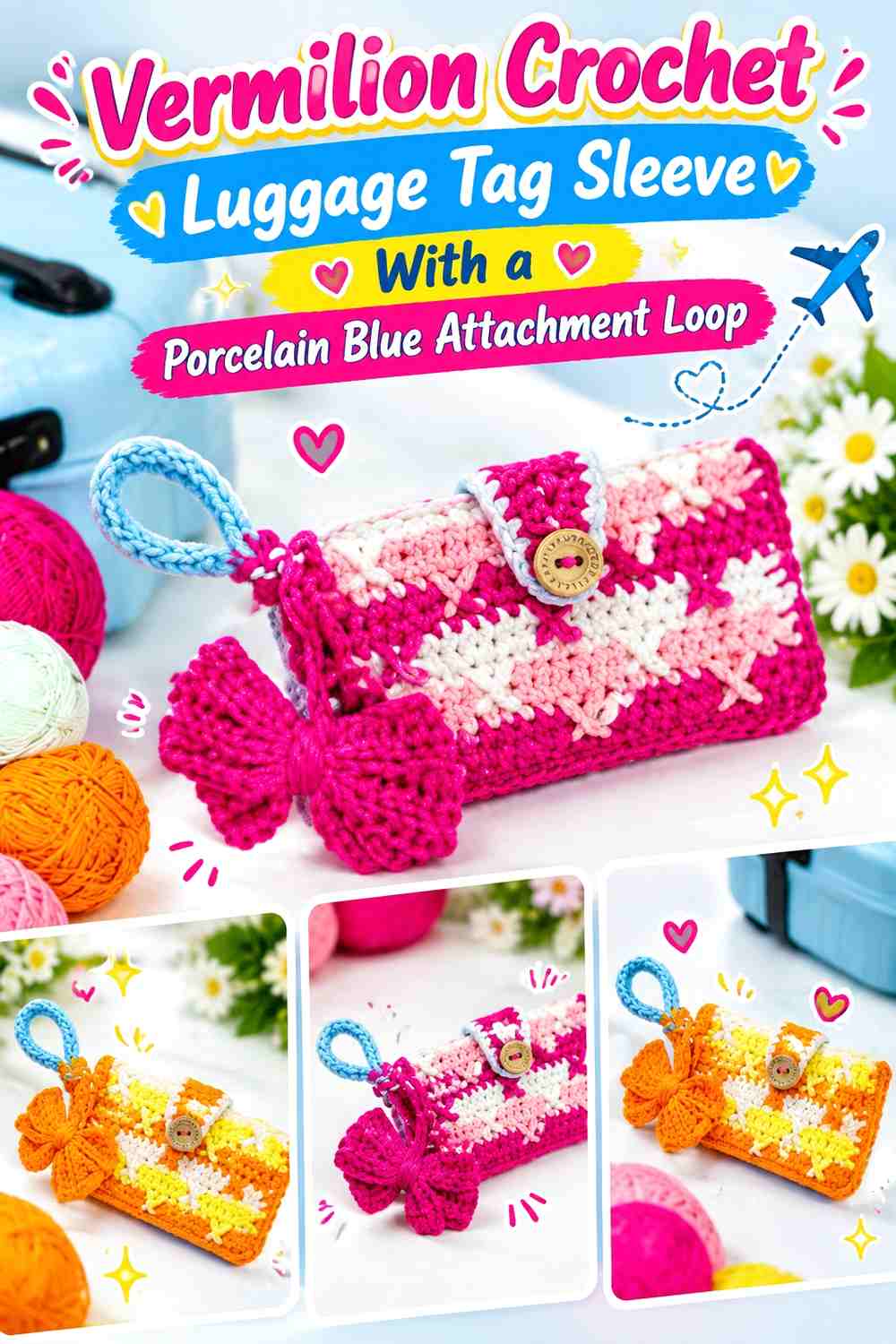 Vermilion Crochet Luggage Tag Sleeve With a Porcelain Blue Attachment Loop