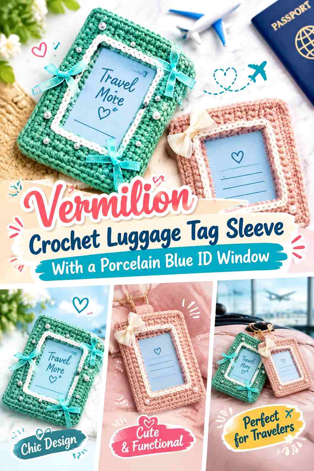 Vermilion Crochet Luggage Tag Sleeve With a Porcelain Blue ID Window