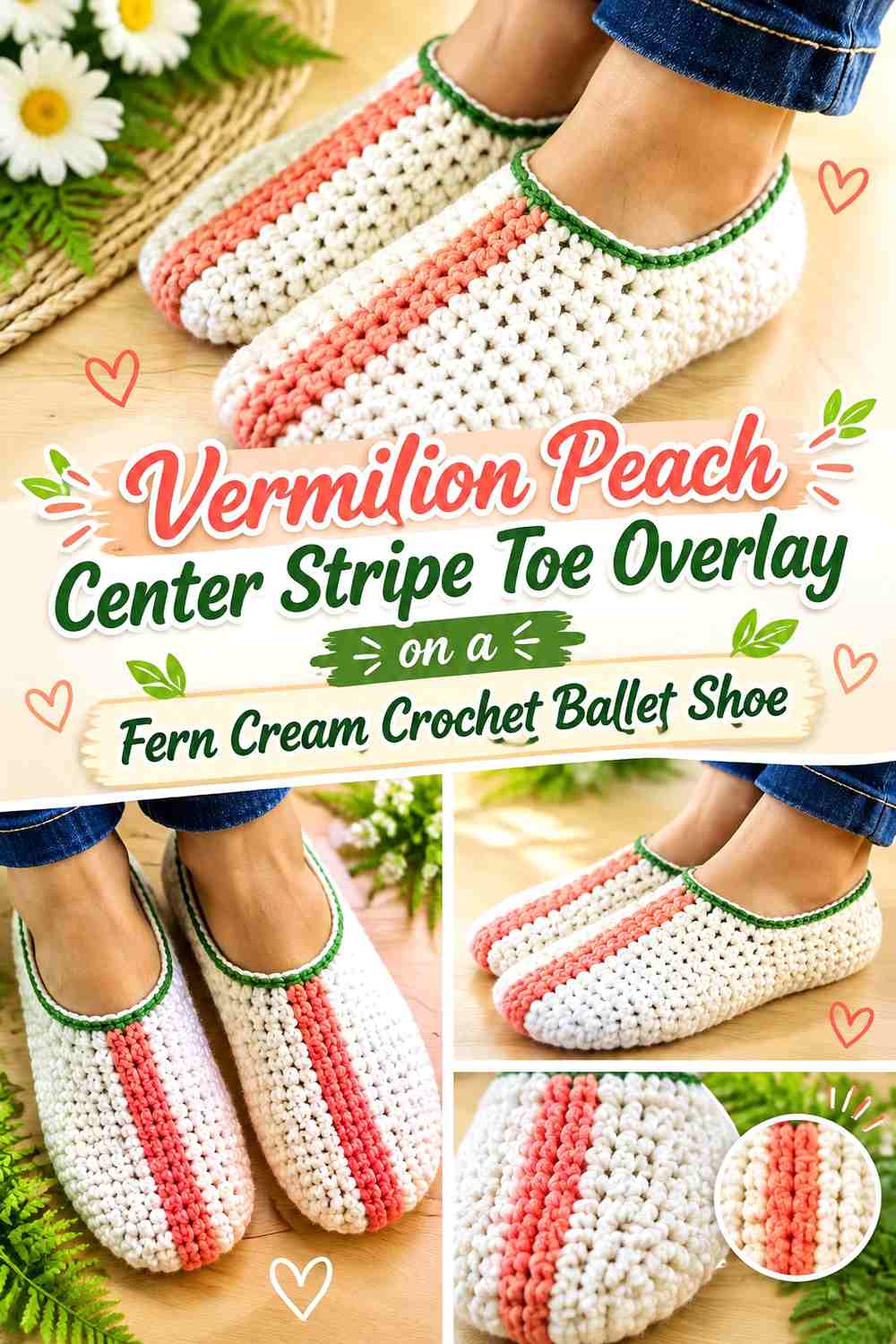 Vermilion Peach Center Stripe Toe Overlay on a Fern Cream Crochet Ballet Shoe
