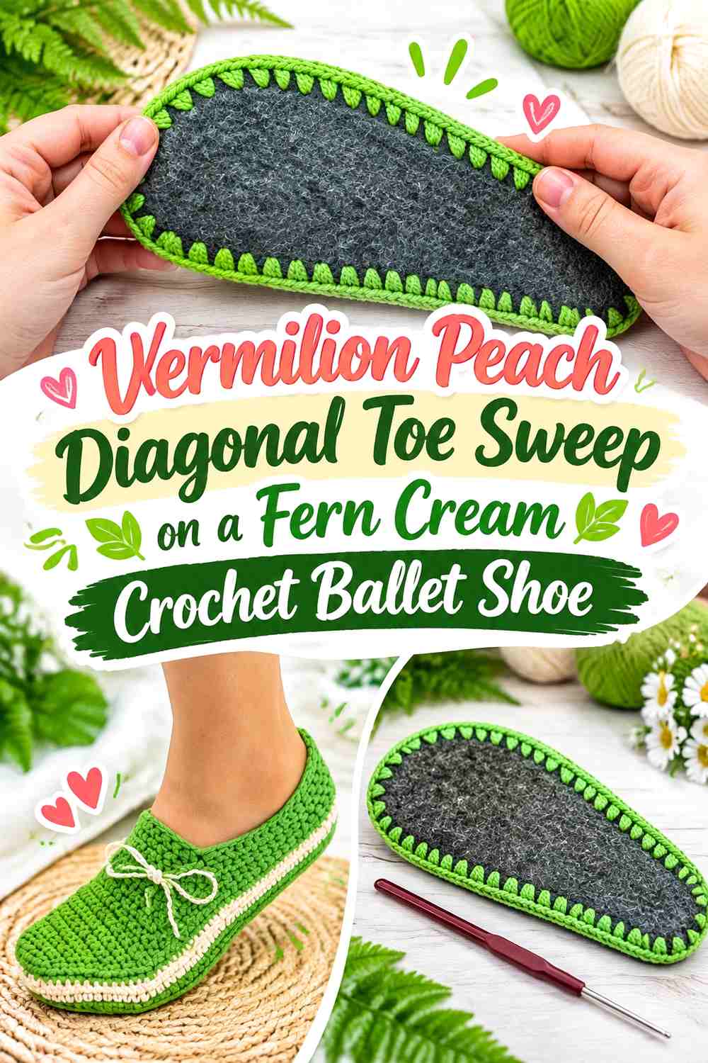 Vermilion Peach Diagonal Toe Sweep on a Fern Cream Crochet Ballet Shoe