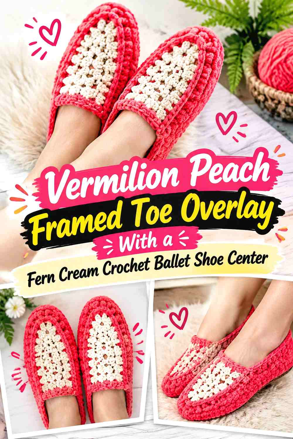 Vermilion Peach Framed Toe Overlay With a Fern Cream Crochet Ballet Shoe Center