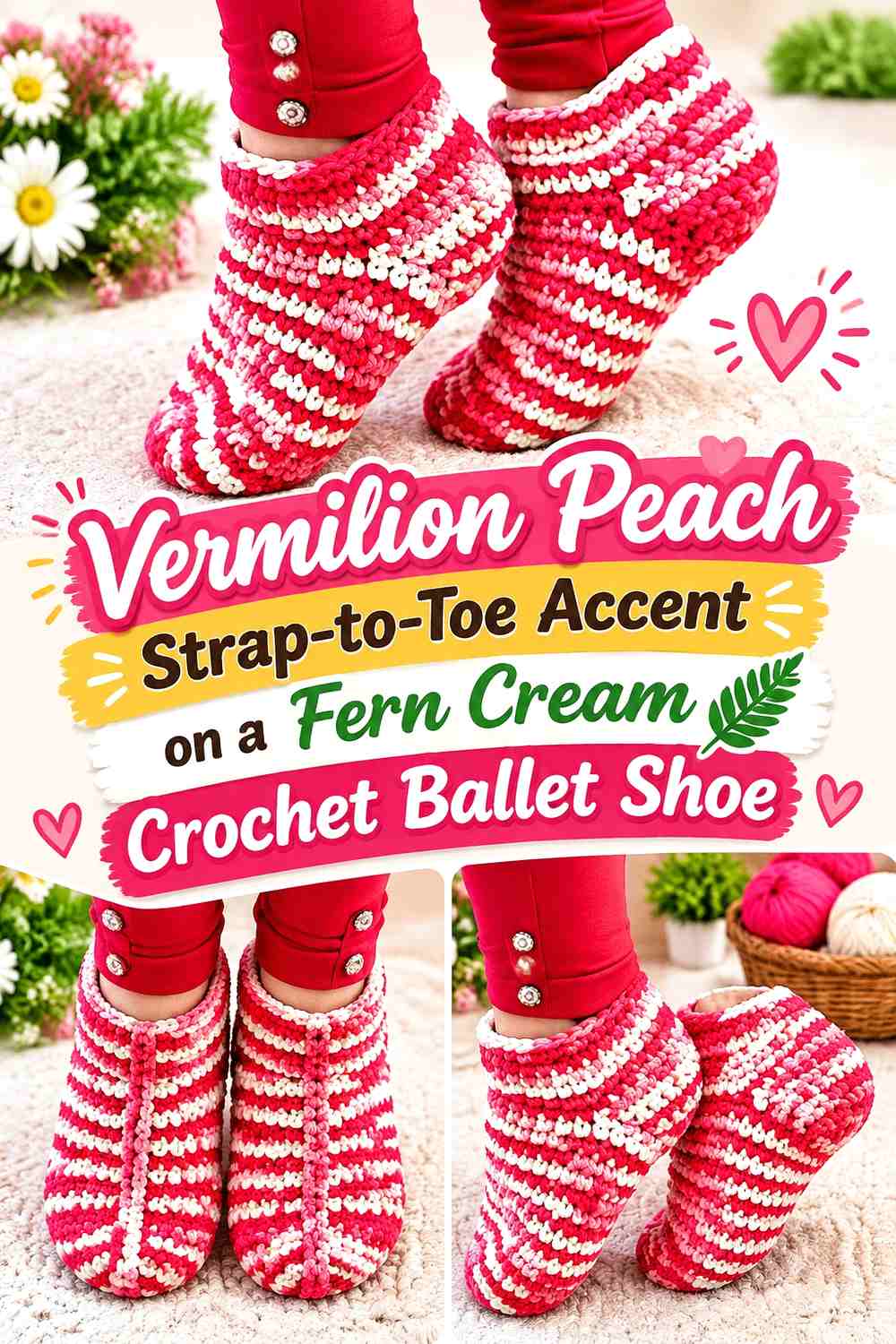 Vermilion Peach Strap-to-Toe Accent on a Fern Cream Crochet Ballet Shoe