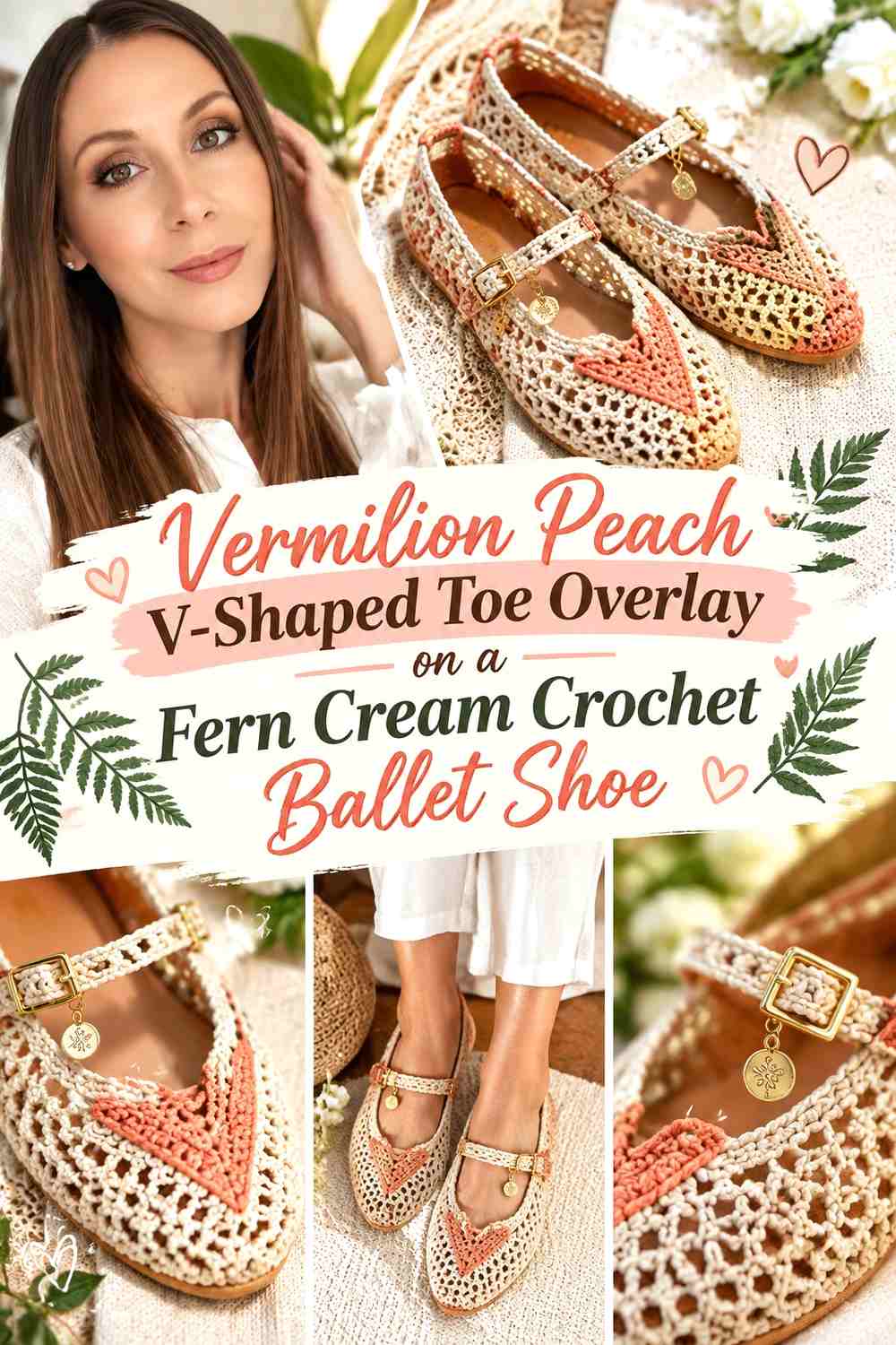 Vermilion Peach V-Shaped Toe Overlay on a Fern Cream Crochet Ballet Shoe