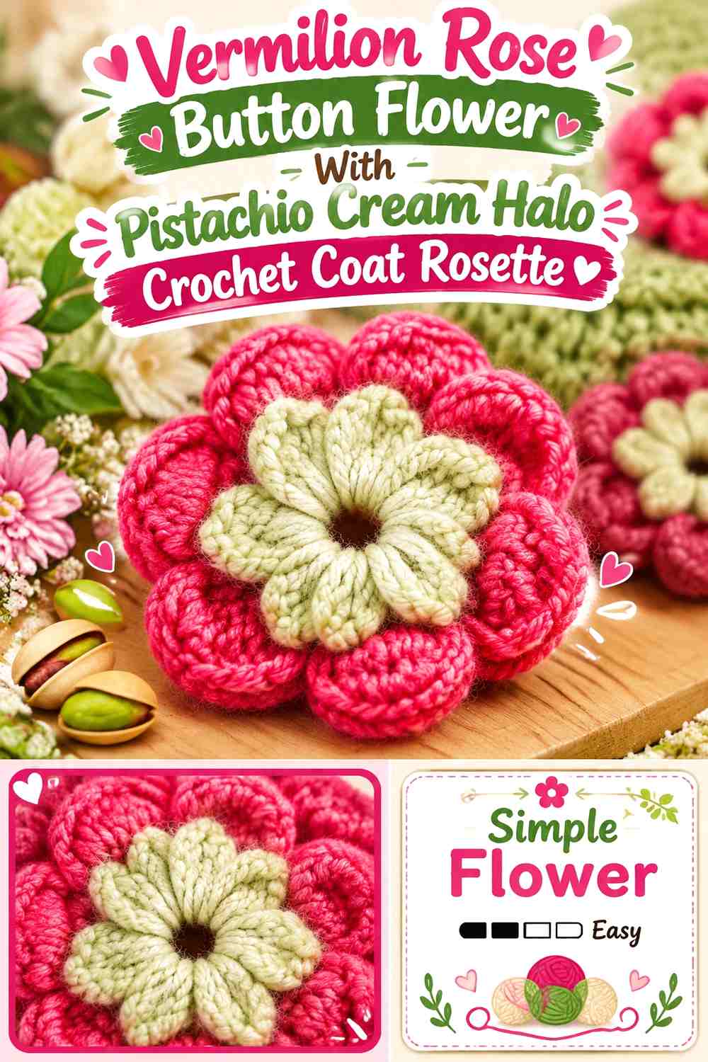 Vermilion Rose Button Flower With Pistachio Cream Halo Crochet Coat Rosette