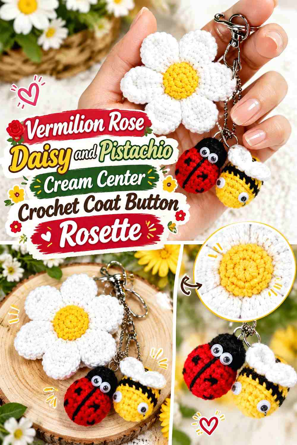 Vermilion Rose Daisy and Pistachio Cream Center Crochet Coat Button Rosette