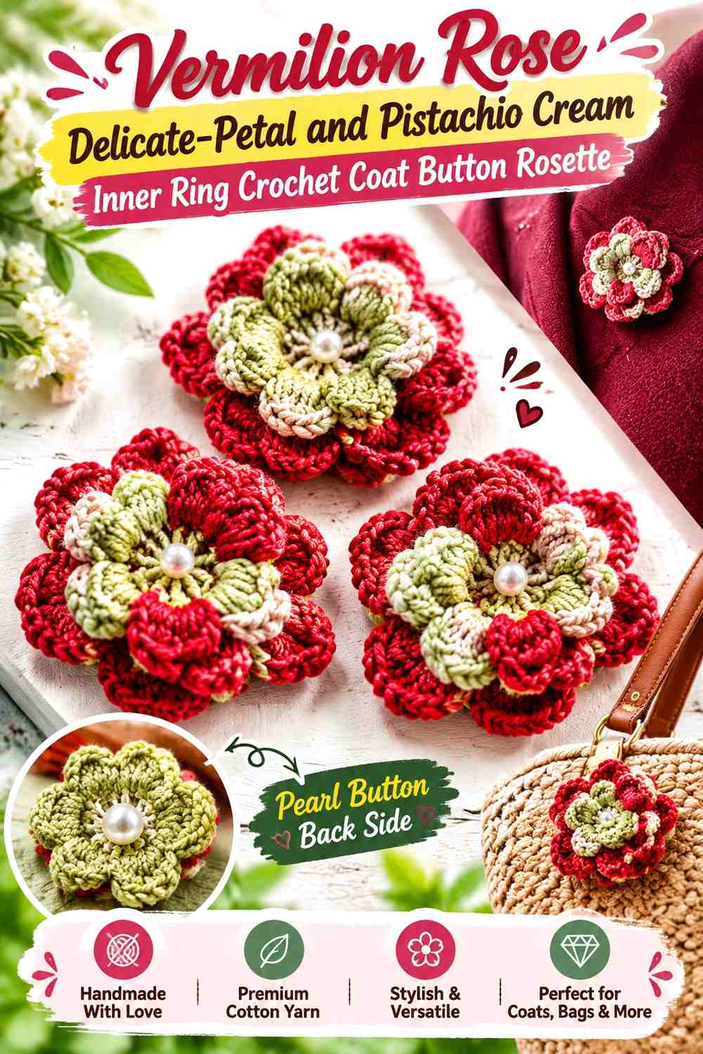 Vermilion Rose Delicate-Petal and Pistachio Cream Inner Ring Crochet Coat Button Rosette