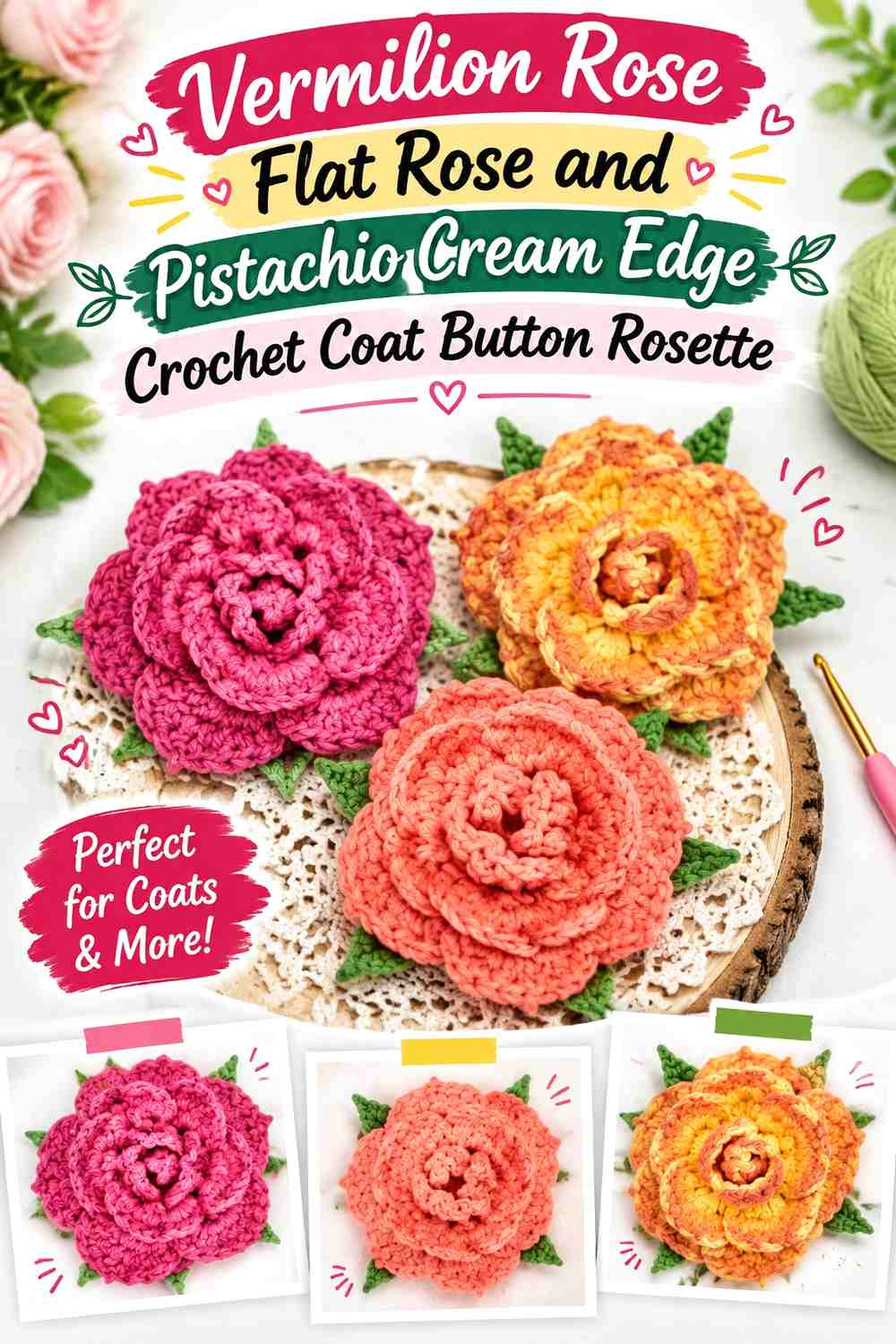 Vermilion Rose Flat Rose and Pistachio Cream Edge Crochet Coat Button Rosette