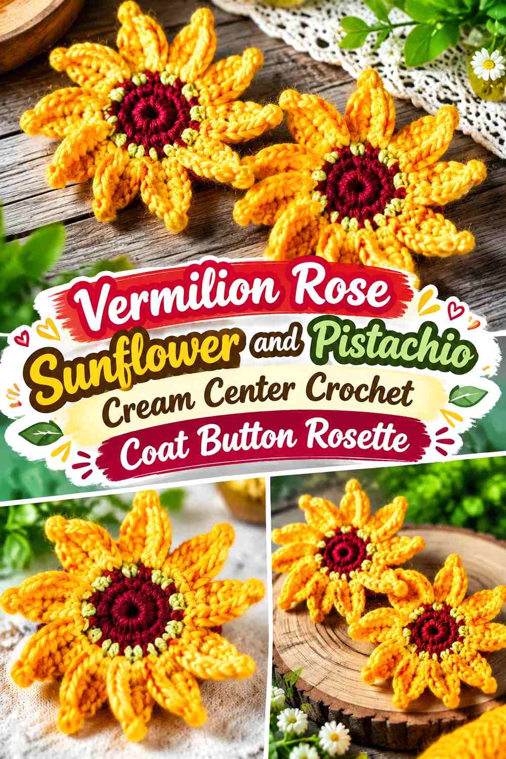 Vermilion Rose Sunflower and Pistachio Cream Center Crochet Coat Button Rosette