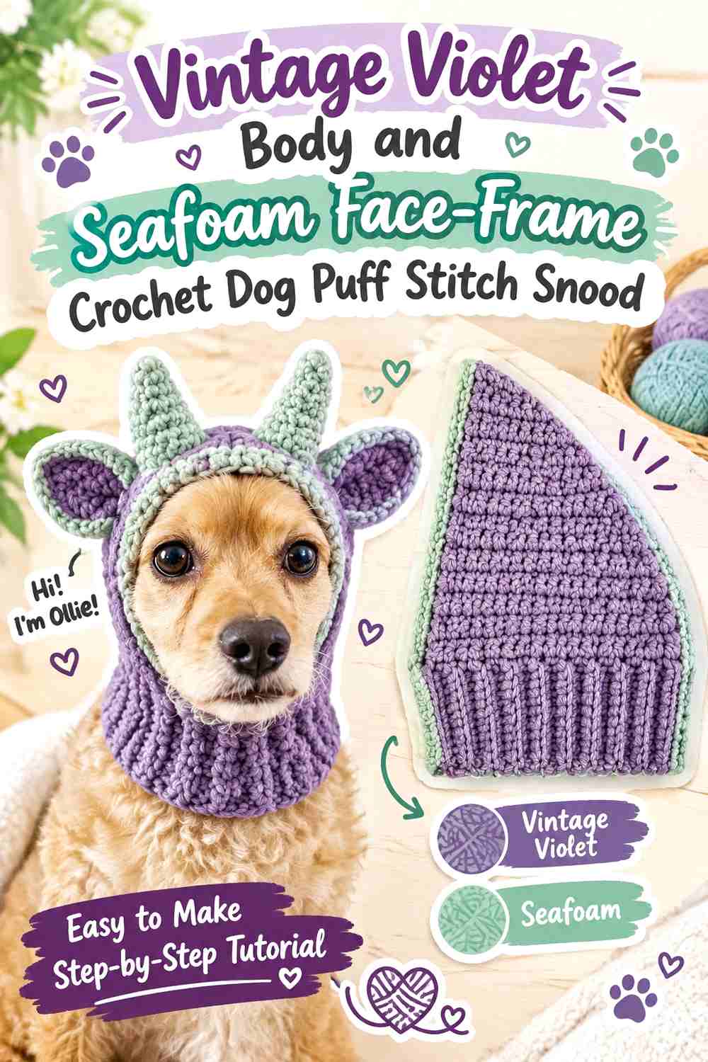 Vintage Violet Body and Seafoam Face-Frame Crochet Dog Puff Stitch Snood