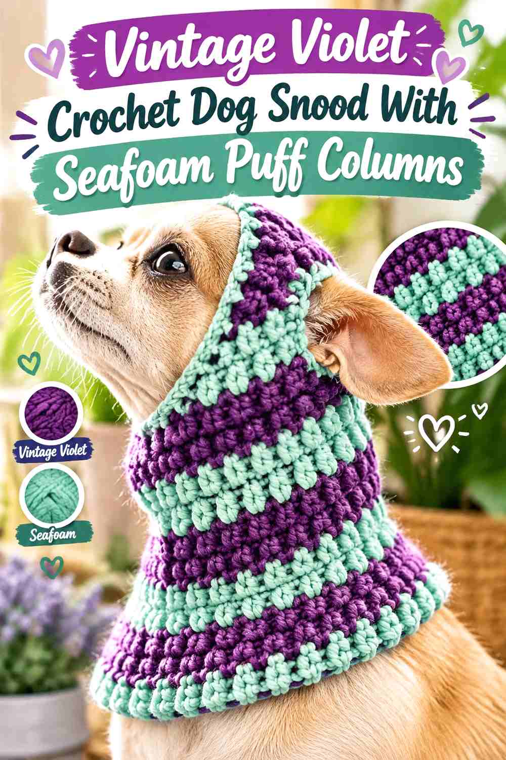 Vintage Violet Crochet Dog Snood With Seafoam Puff Columns
