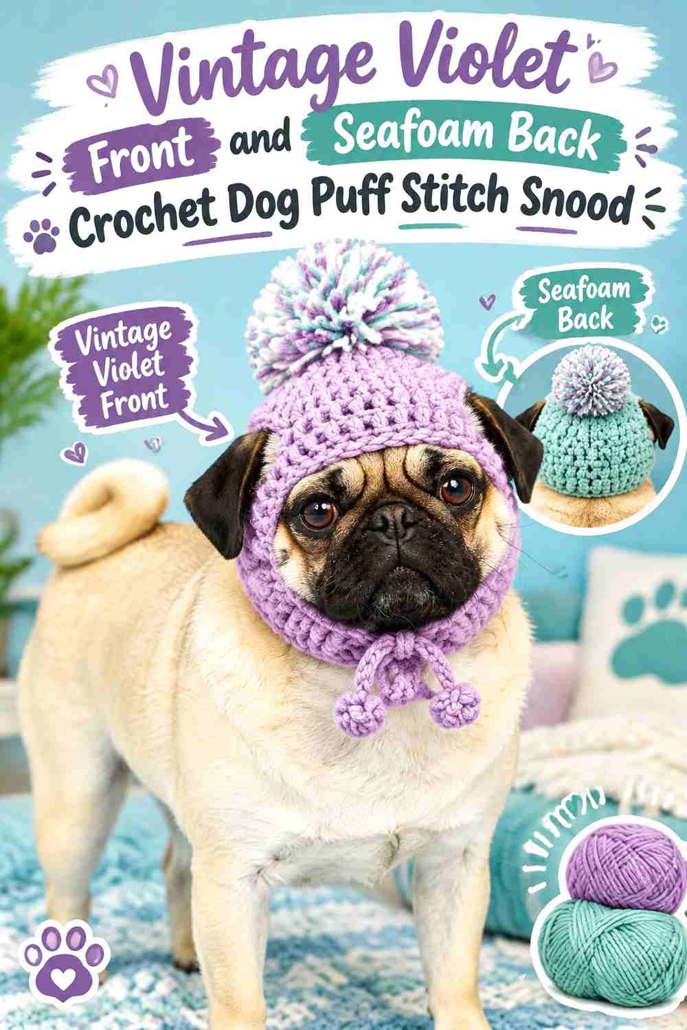 Vintage Violet Front and Seafoam Back Crochet Dog Puff Stitch Snood