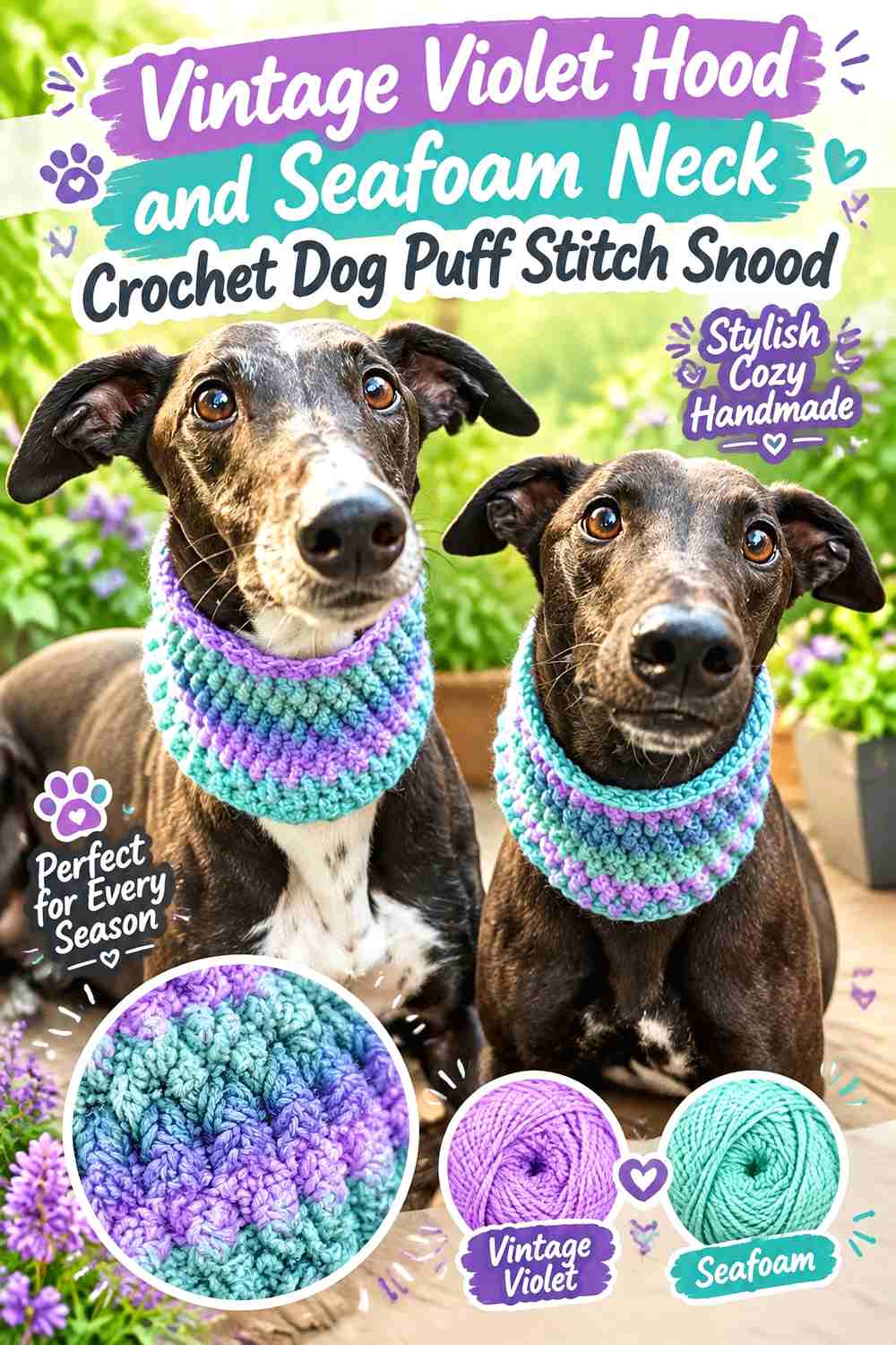 Vintage Violet Hood and Seafoam Neck Crochet Dog Puff Stitch Snood