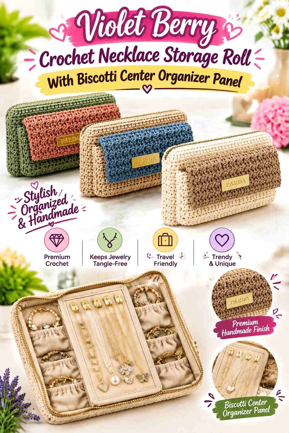 Violet Berry Crochet Necklace Storage Roll With Biscotti Center Organizer Panel