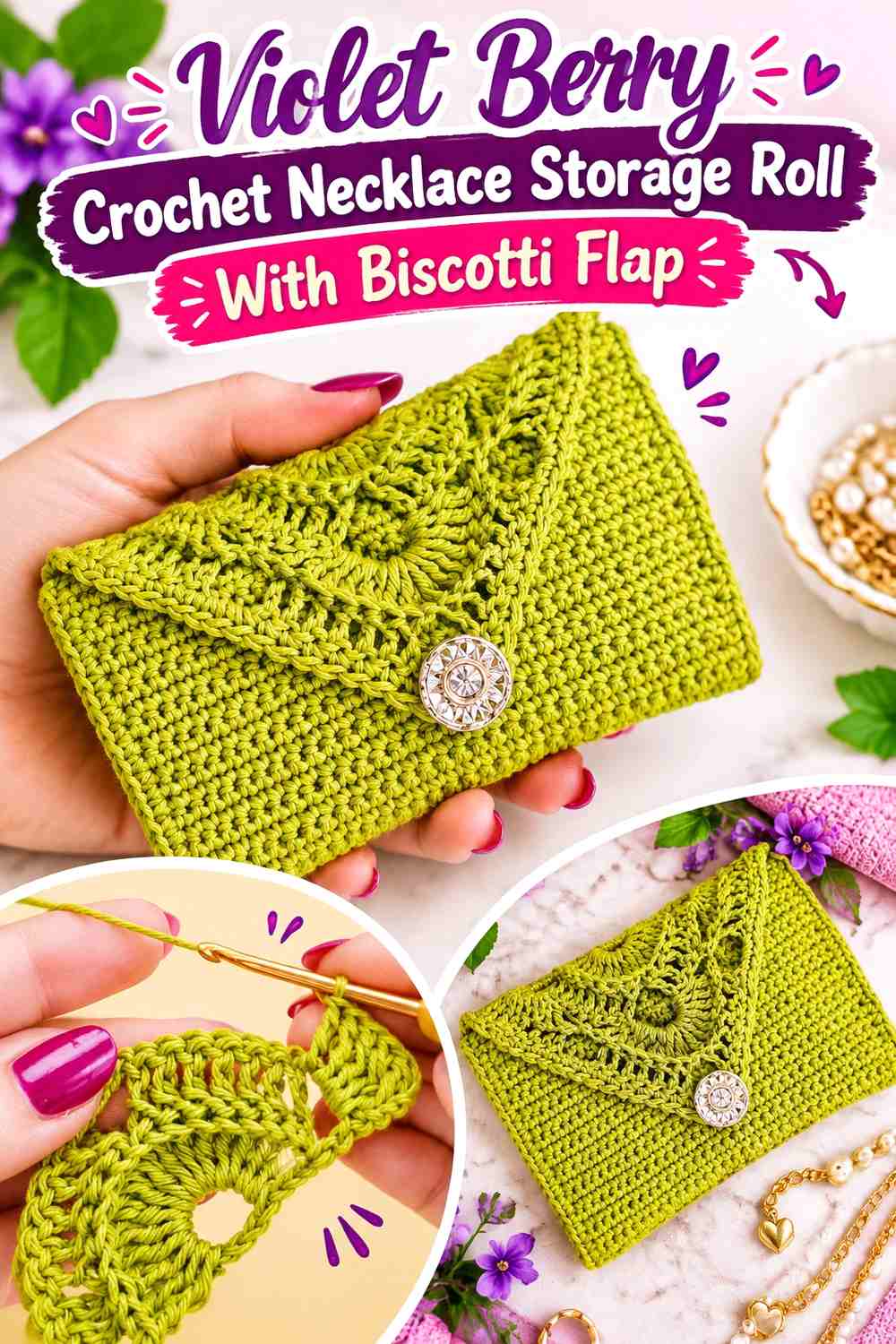 Violet Berry Crochet Necklace Storage Roll With Biscotti Flap