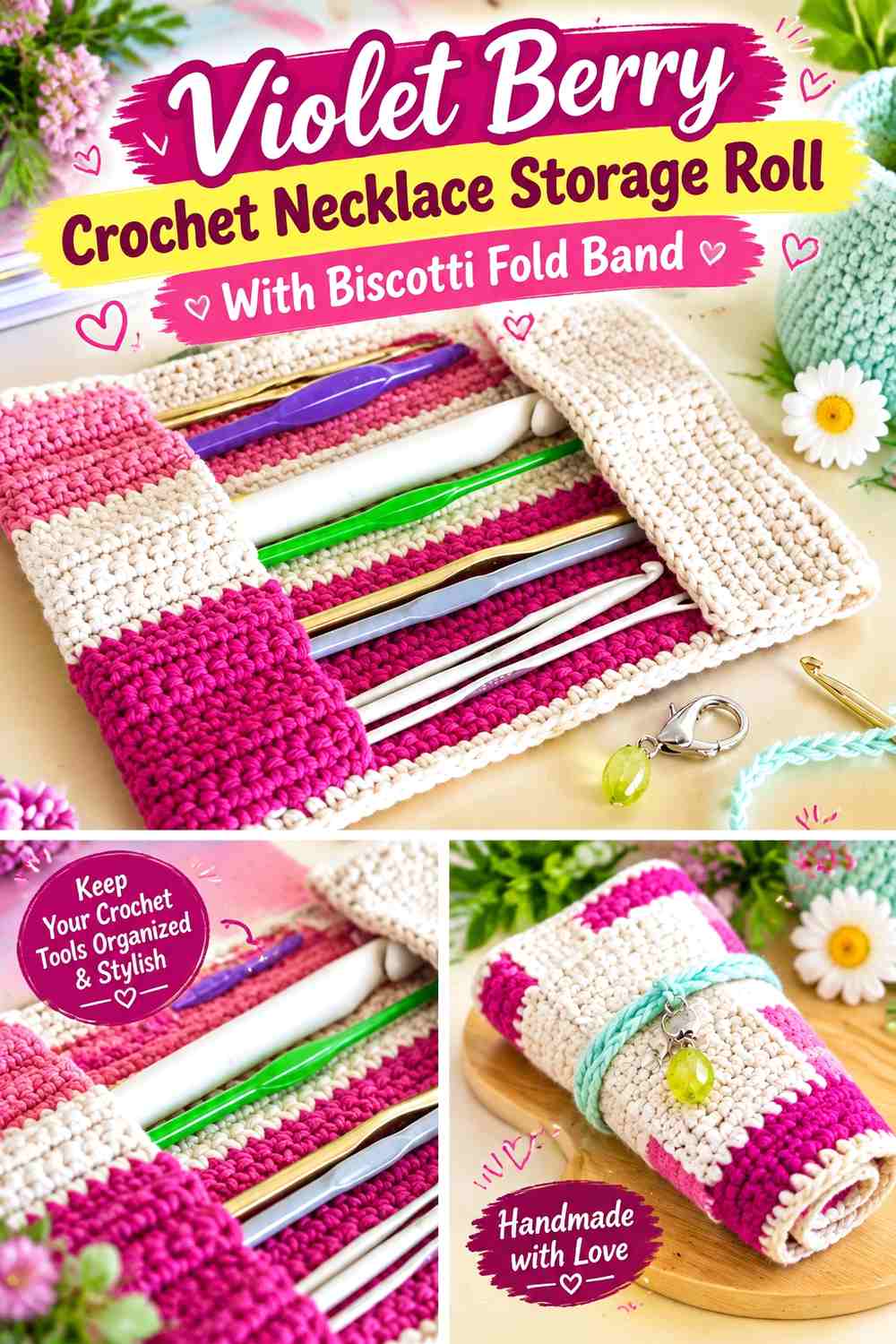 Violet Berry Crochet Necklace Storage Roll With Biscotti Fold Band