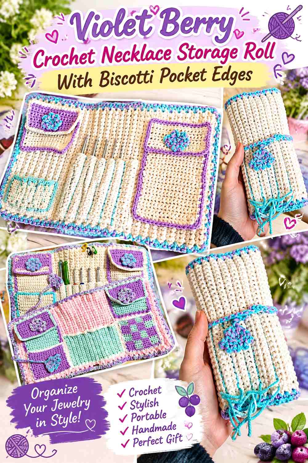 Violet Berry Crochet Necklace Storage Roll With Biscotti Pocket Edges