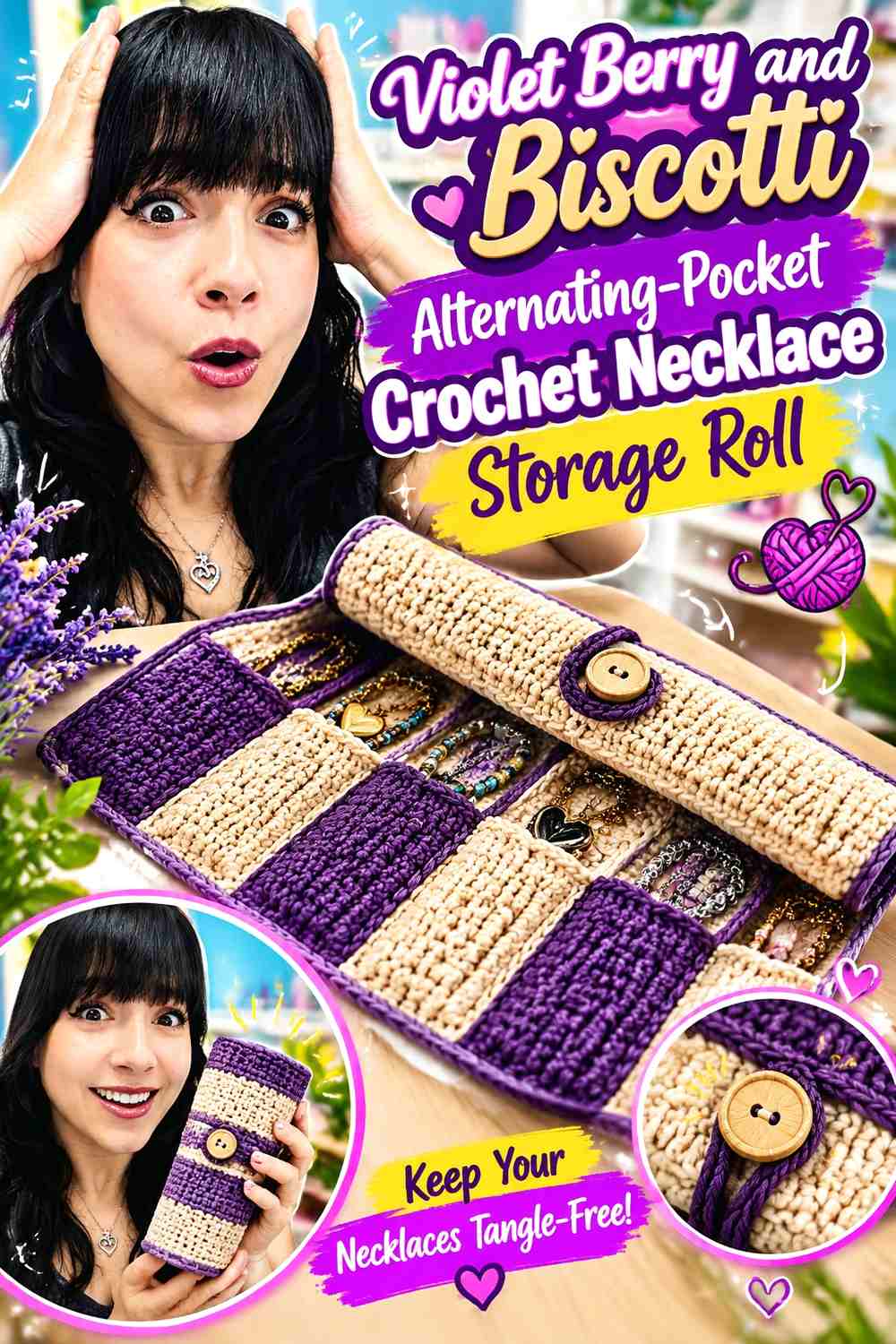 Violet Berry and Biscotti Alternating Pocket Crochet Necklace Storage Roll