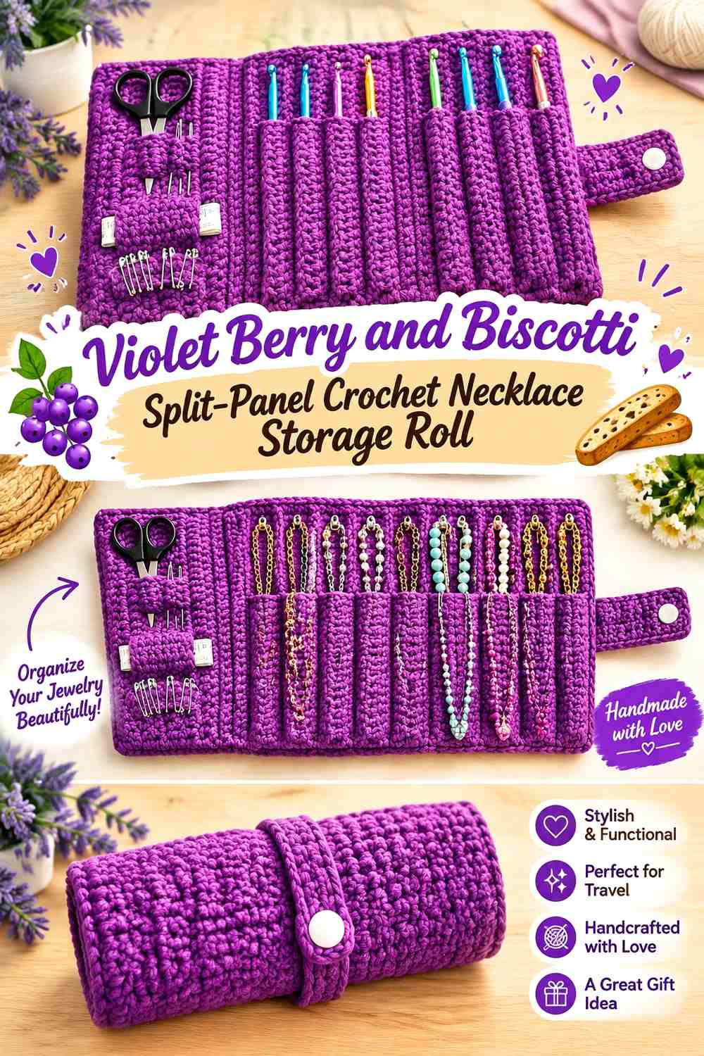 Violet Berry and Biscotti Split Panel Crochet Necklace Storage Roll