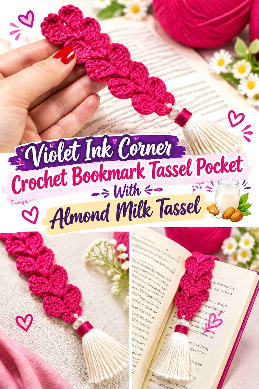 Violet Ink Corner Crochet Bookmark Tassel Pocket With Almond Milk Tassel