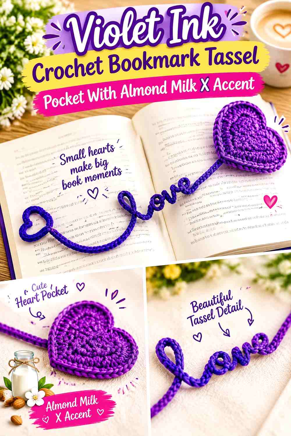 Violet Ink Crochet Bookmark Tassel Pocket With Almond Milk X Accent